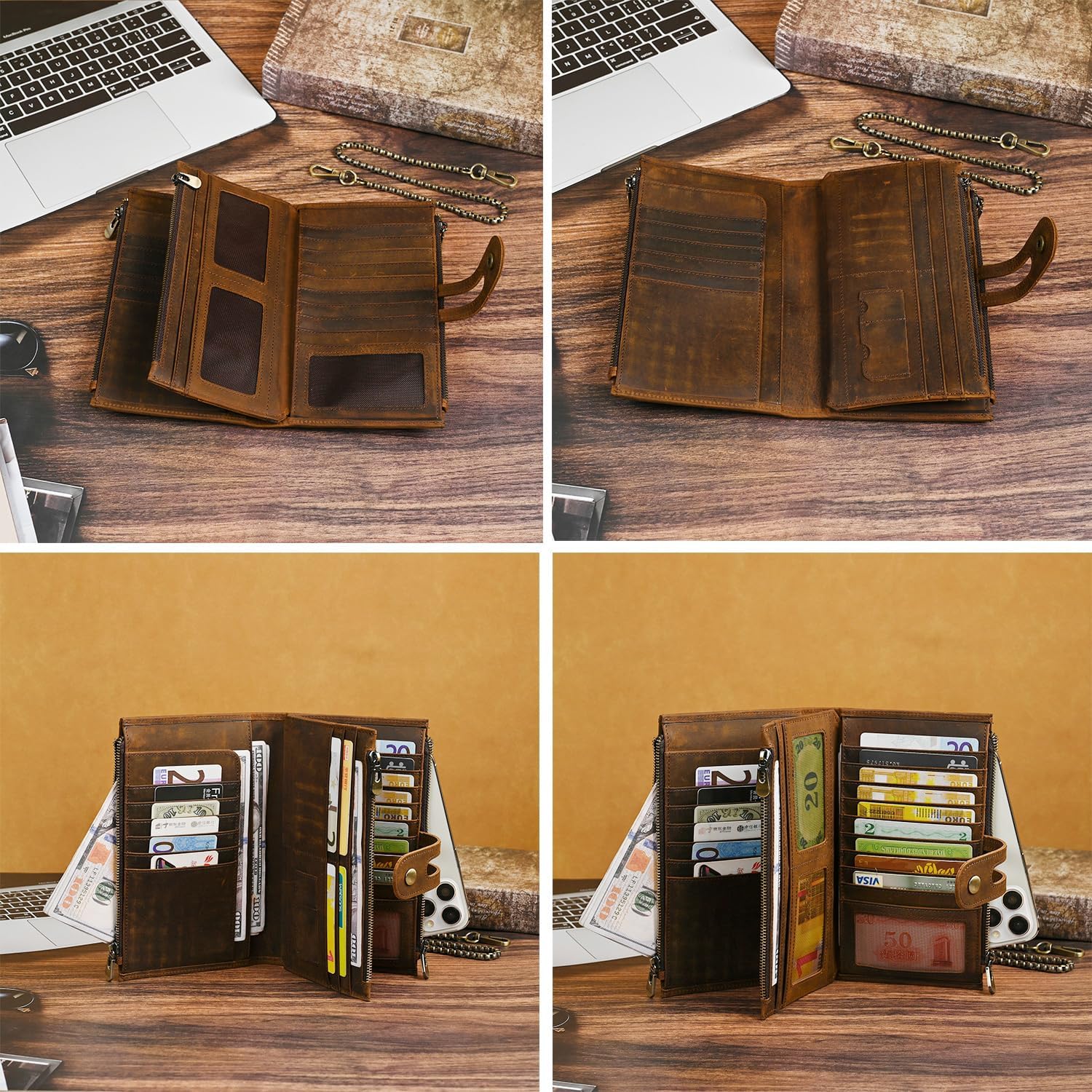 Genuine Crazy Horse Leather Travel Gift Coin Pocket Card Case Long Organizer Chain Rfid Wallet Purse With Snap For Men Male 1803 1815 (1815 Brown) - Image 7