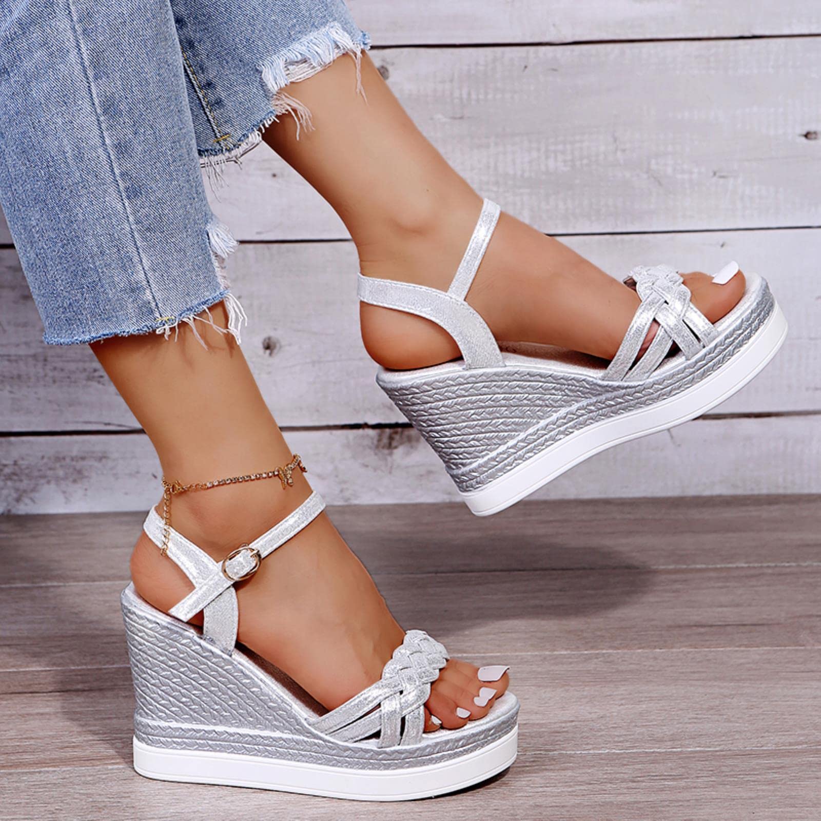 Sandales compensées pour femme - Sandales d'été à plateforme - Chaussures à boucle - À enfiler - Tissage à bout ouvert - Décontracté