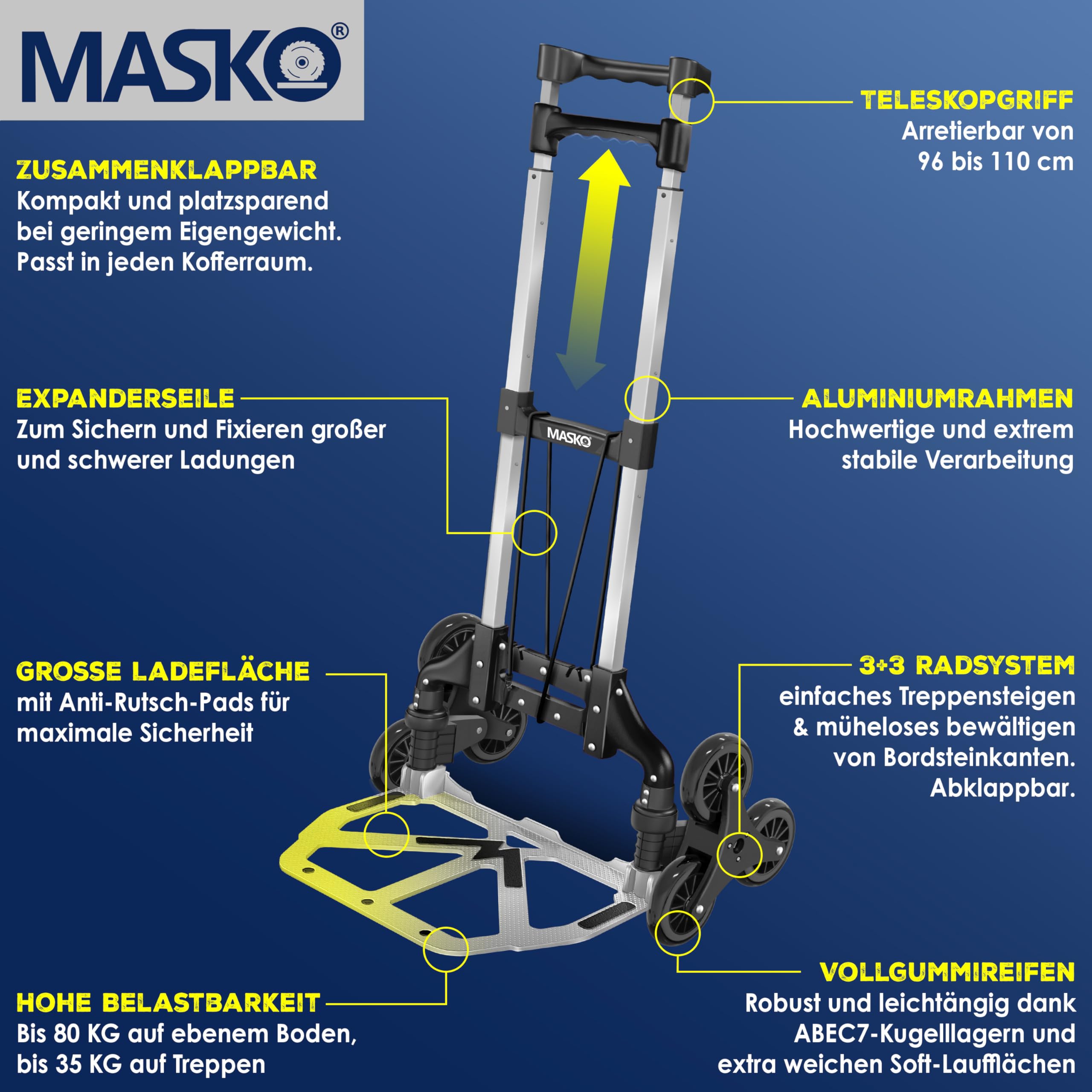 MASKO® Diable à marches Diable à escaliers pliable 80 kg capacité de charge 3x3 monte-escaliers avec roues 2 cordes expansées gants - poignée réglable en hauteur Gris MASKO® Diable à marches Diable à escaliers pliable 80 kg capacité de charge 3x3 monte-escaliers avec roues 2 cordes expansées gants - poignée réglable en hauteur Gris