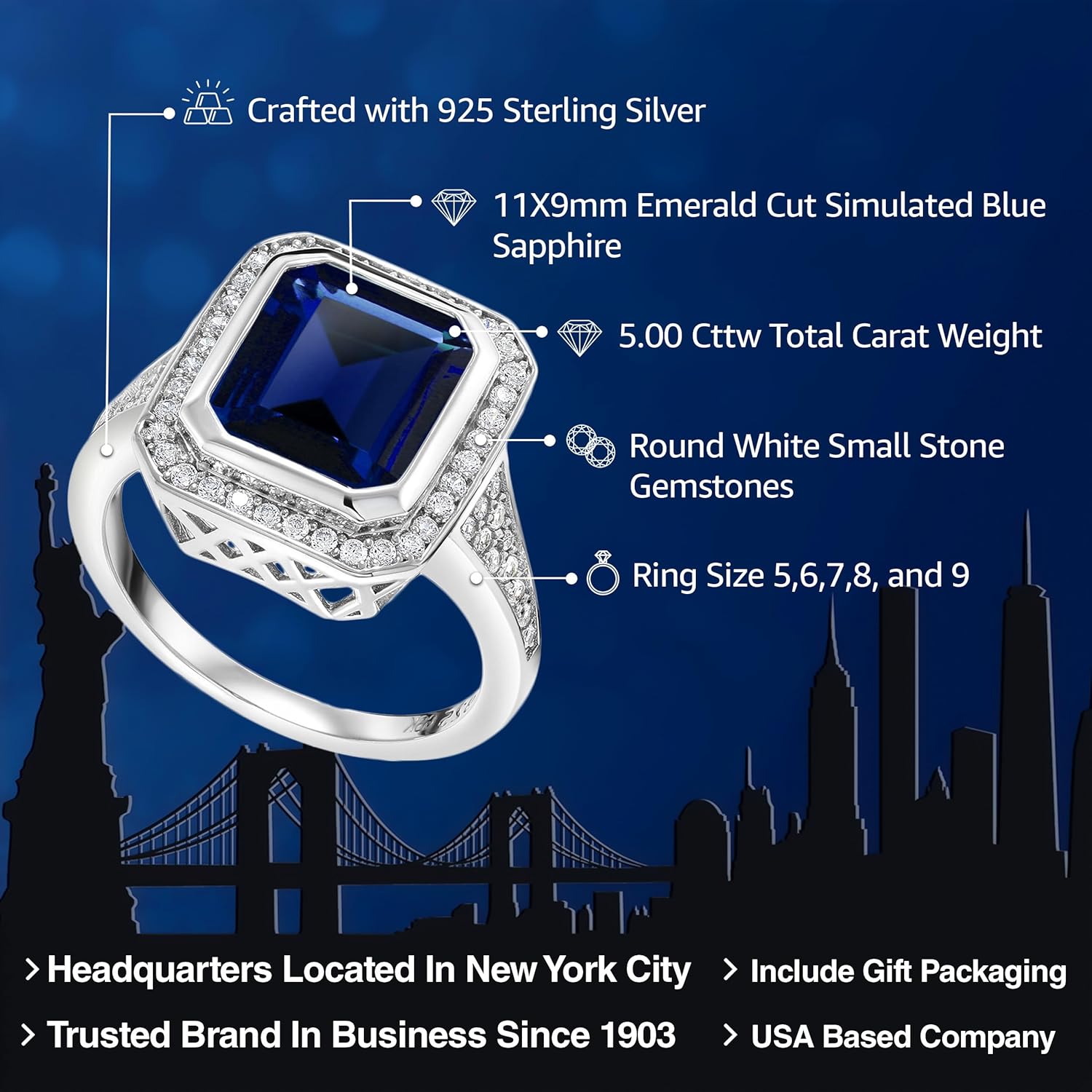 Gem Stone King 5.00 Cttw Simulated Blue Sapphire Ring For Women | 925 Sterling Silver | Emerald Cut 11X9MM | Wedding Engagement Anniversary Promise Ring For Women