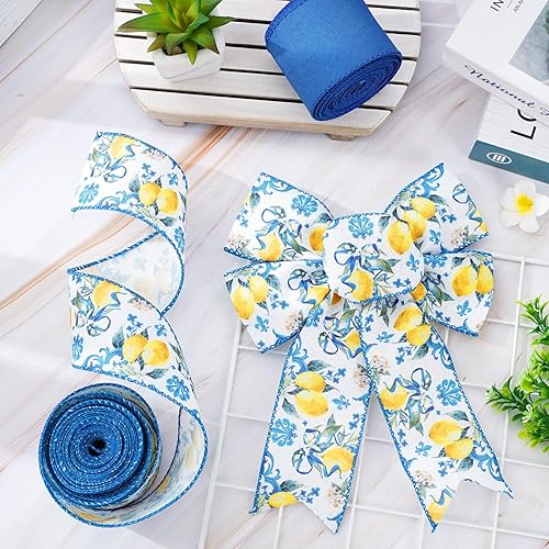 Miniatura 5 de AnyDesign - Cinta de borde con alambre de limón, 20 yardas, azulejo azul, tela de limón, cinta para manualidades de primavera, verano, baby shower,