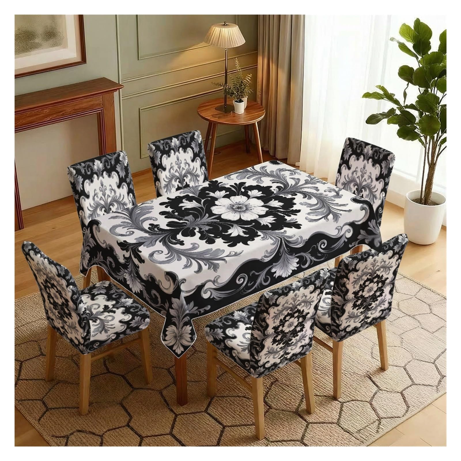 BOSUYBN Stretch Dining Chair Slipcover & Tablecloth Set, Black White Damask Floral Print, 5/7 Pack, Luxury Elegant Home Decor Table Setting(7pcs Set: Tablecloth+Chair Covers)