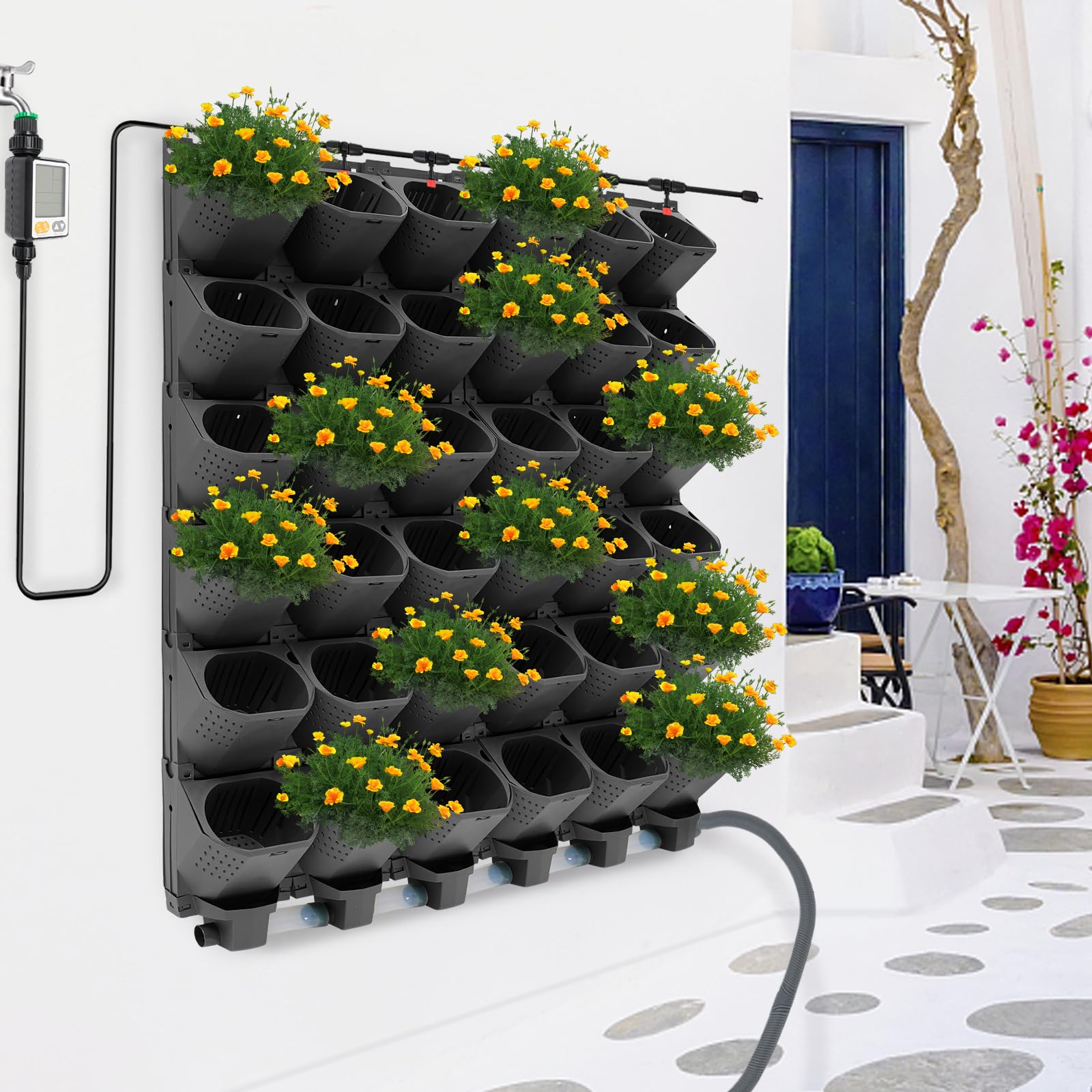 Jardinière Verticale à 36 Poches avec système d'auto-arrosage, Mur végétal Vivant Vertical avec système d'irrigation Automatique, Pots empilables muraux Bac à Planter Mural avec minuterie,Noir