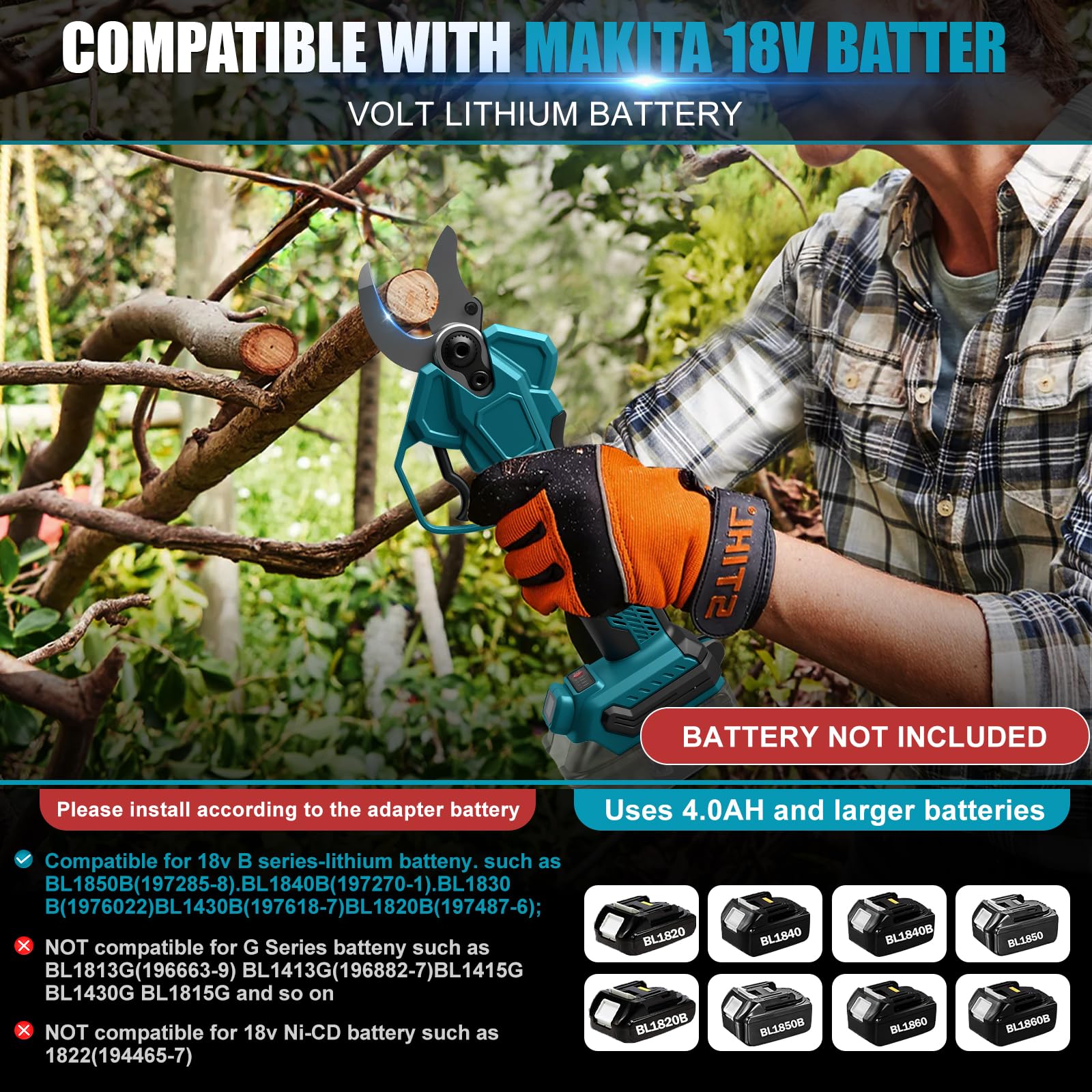 Tijeras de podar compatibles con Makita 18 V, apertura de 65 mm, polo de 2 m | 40 mm de diámetro de corte, pantalla LCD, tijeras de podar eléctricas para podar ramas de árboles, flores (no batería)