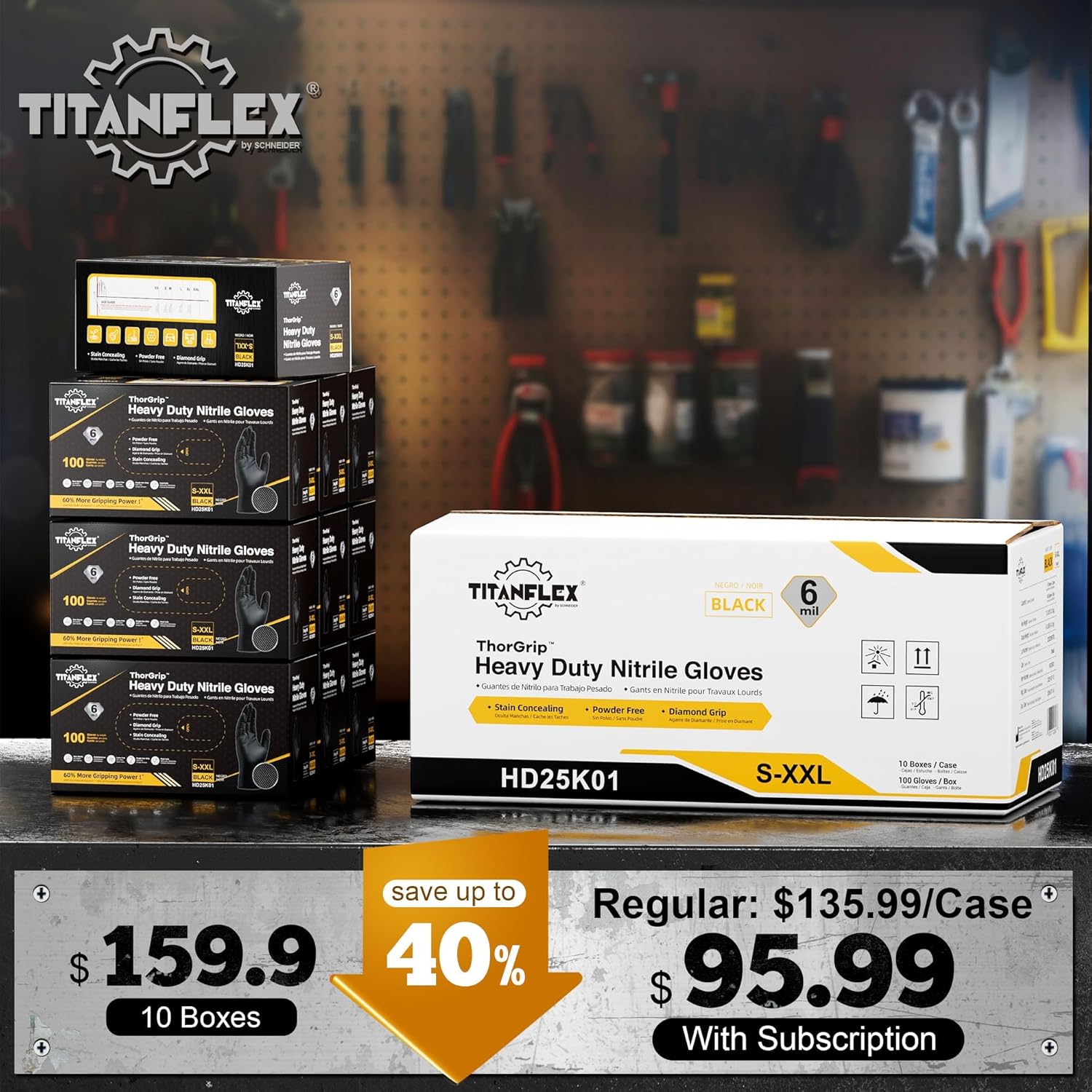 TitanFlex Heavy Duty Black Industrial Nitrile Gloves with Raised Diamond Texture, Latex Free (6mil/8mil)