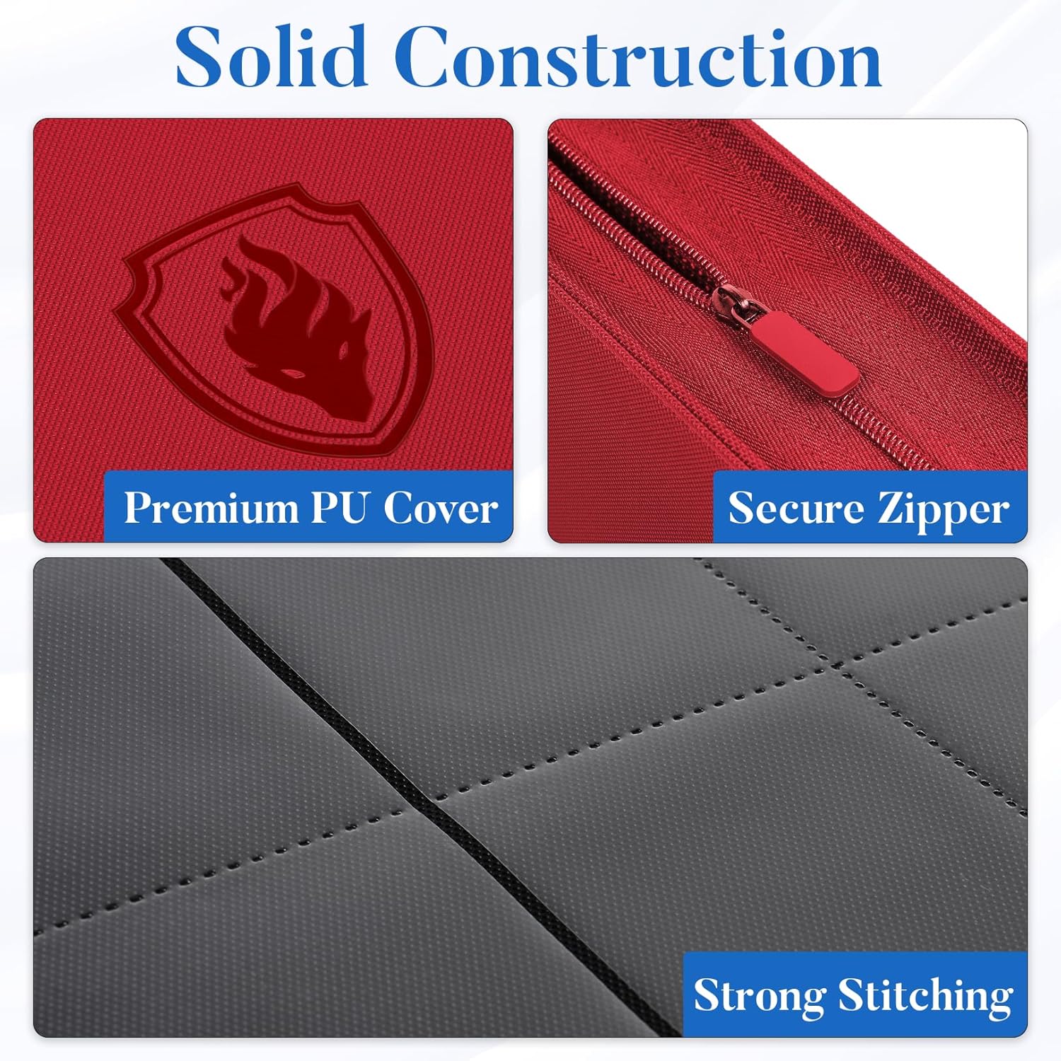 Premium Zip Card Binder 12 Pocket, Fabmaker 912 Pockets Trading Card Binder, PU Zipper Card Collection Album, Sturdy Side-Loading Card Book Holder for Game & Sports Cards, Red
