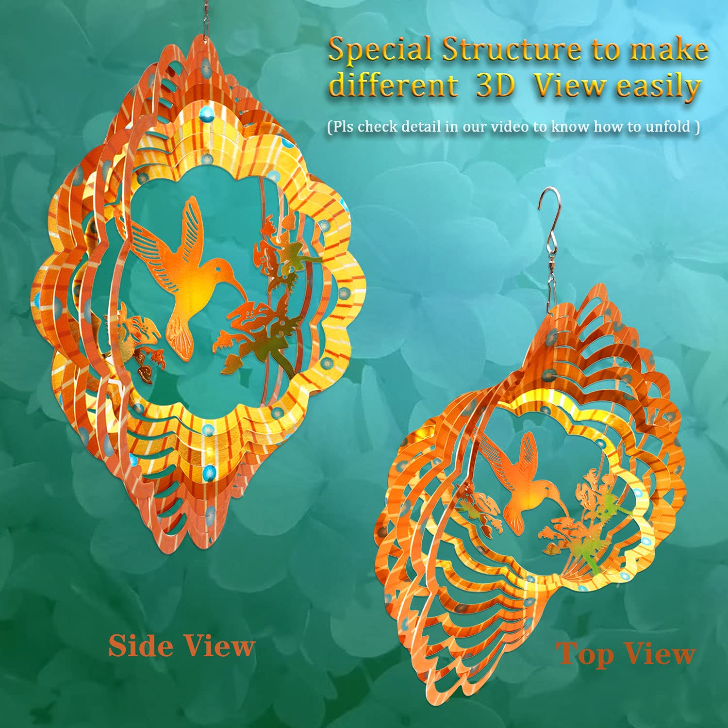 Éolienne en forme de colibri 30,5 cm en acier inoxydable 3D - Décoration mandala - Découpe au laser - Motif géométrique - Décoration d'intérieur et d'extérieur