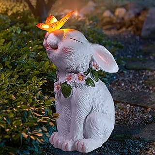 Attivolife Garden Solar Outdoor Statues Rabbit Light, Patio Decor Easter Bunny with Butterfly Ornament for Lawn Balcony Yard Art Decoration, Housewarming Gifts for Mom Grandma