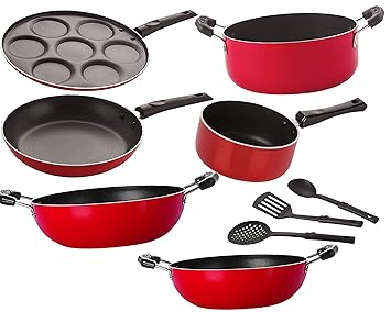 Nirlon Non-Stick Aluminium Cookware Set, Dishwasher Safe -9 Pieces [26_KD12_KD14_SPB_UP_Cass20_TP24_3SPN]