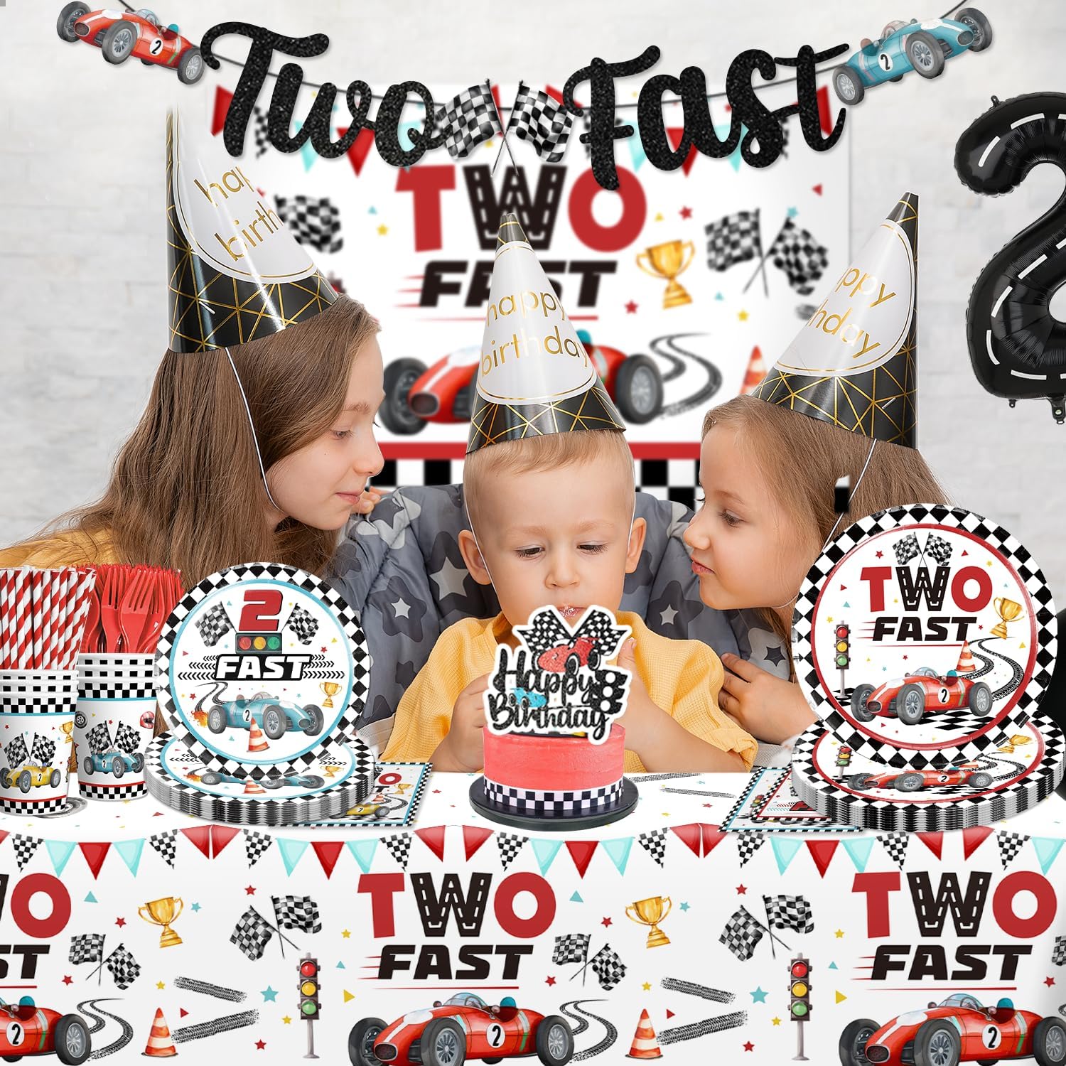 cocomigo 170Pcs Two Fast Birthday Decor, 2 Fast Birthday Decorations Include Plate Cup Napkin Backdrop Banner Tablecloth Balloon Cutlery and Topper - Image 7