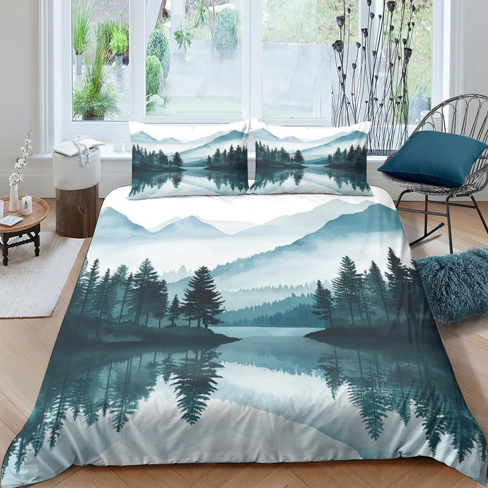 Ctjqhvkz Style-5 3D Printed Misty Lake Forest Fitted Sheet Microfiber Soft Blue Mountain Mattress Cover Bedroom Decor Washable Single（135X200cm）