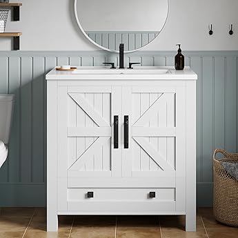 YITAHOME 30 Inch Bathroom Vanity with Vacuum Forming, Freestanding Storage Cabinet Vanity with Counter Top Sink Combo, 2 Large Soft Closing Doors with Shelf, Gold Handles & Legs, White