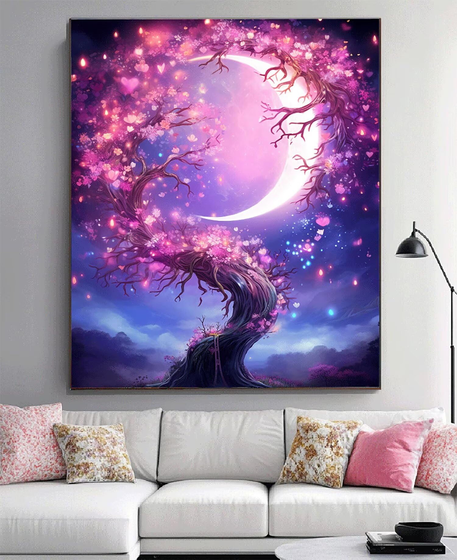 Obraz diamentowy duży 90 x 60 cm księżyc malarstwo diamentowe kompletny zestaw, DIY pełne wiertło drzewo mozaika kryształ górski malarstwo diamentowe, kryształowa sztuka malarstwo kreatywne koraliki