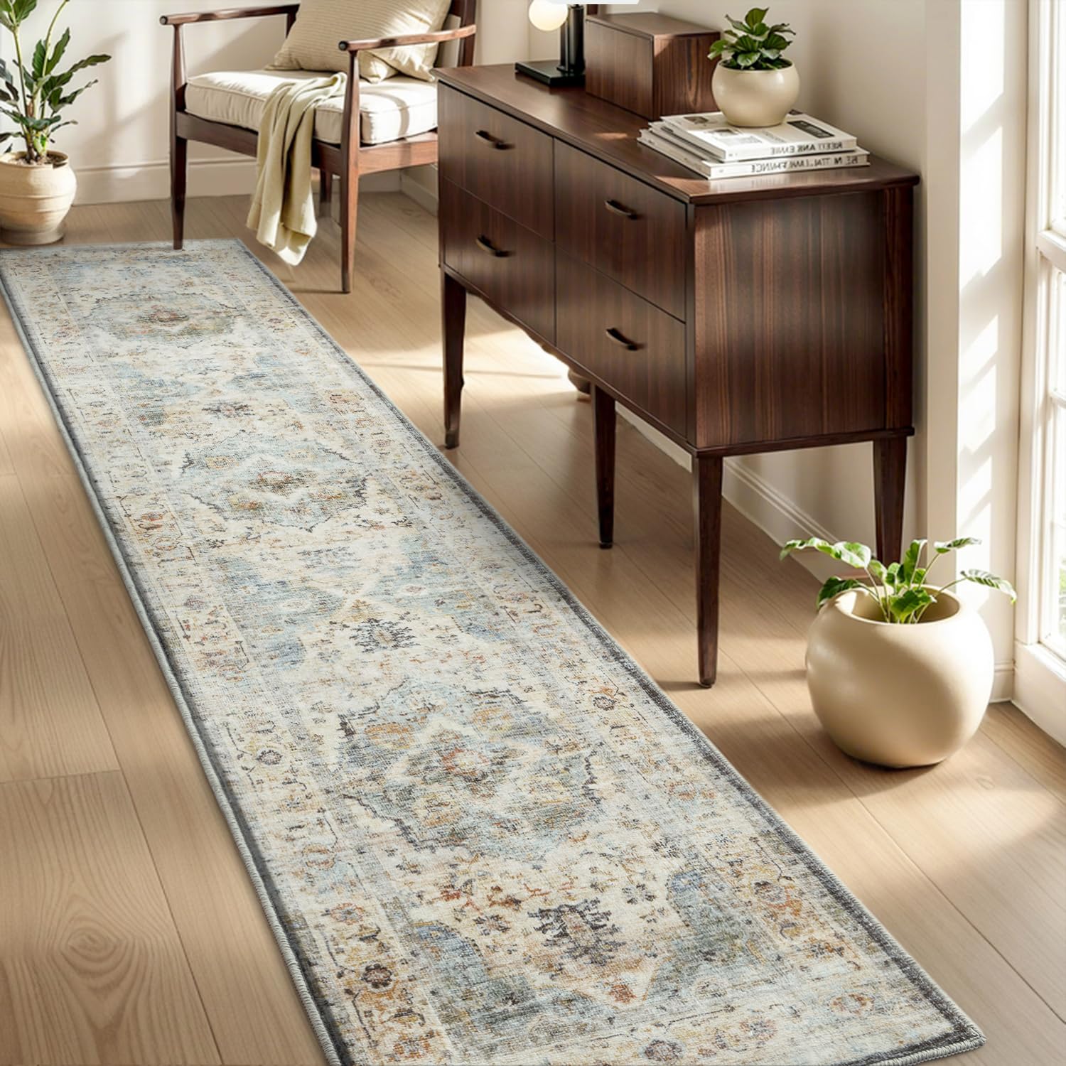 MontVoo-Vintage Runner Rug 2X10 Washable Runners for Hallways-Beige Machine Washable Rug-Soft Bedside Rugs for Bedroom-Long Rug for Hallways Entryway Laundry Room Stair Kitchen
