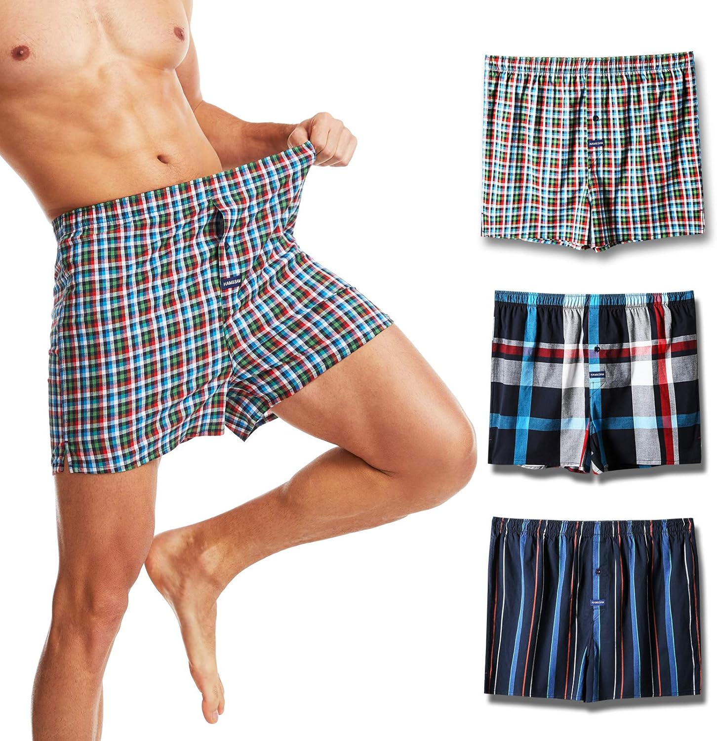 Ham&Sam Men's Boxers Underwear Cotton Tartan Plaid Boxer Shorts Woven