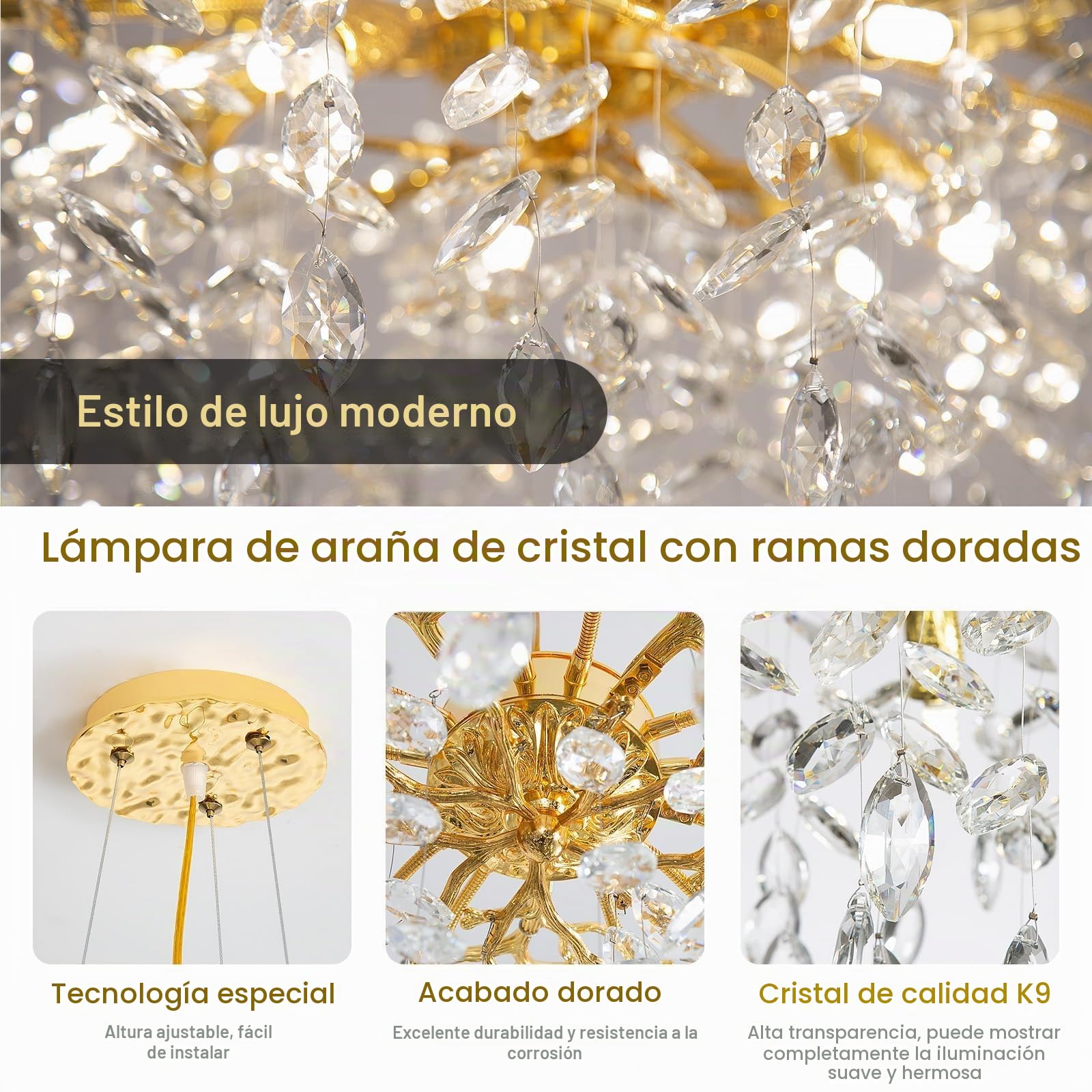 Dorada LáMpara De ArañA Colgante De Cristal,Forma De La Rama Moderna Chandelier Aluminio Para Dormitorio,10 G9 Luces Lampara Colgante Para Mesa De Comedor Cocina Sala De Estar,D60Cm | Lujosa lámpara colgante para comedor lámpara colgante cristal salón com
