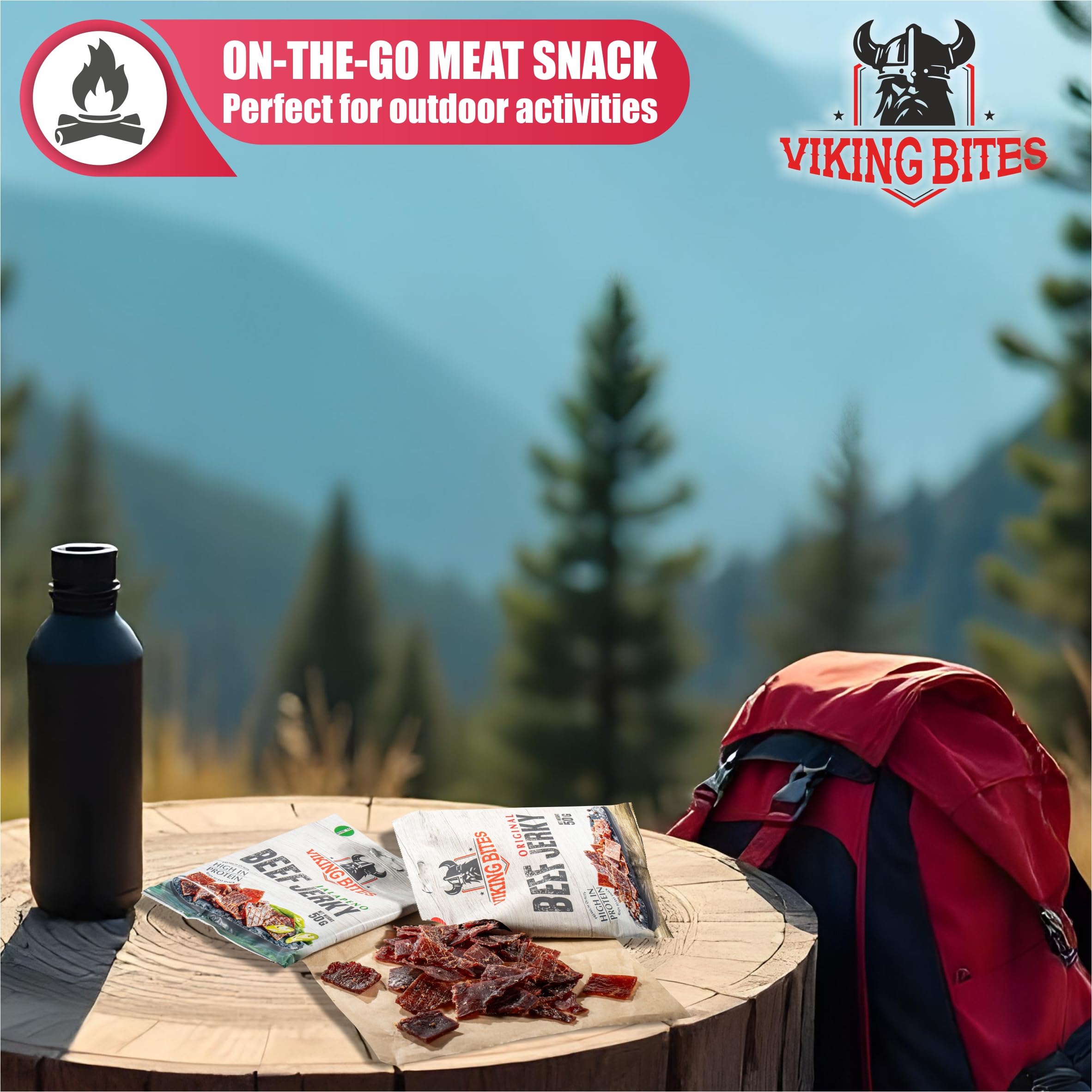 Viking Bites Beef Jerky Original 400 g (8 x 50 g) – Suszona wołowina Oryginalna – Przekąska mięsna o wysokiej zawartości białka