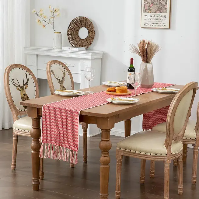 Dinner Table Runner, Linen Herringbone Pattern with Tassel Table Runner for Everyday Dining Wedding Party Holiday Home Decor Red, 13.78 x 86.61 Inches