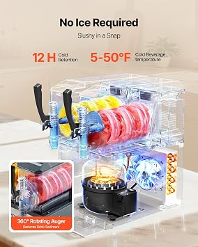 VEVOR Slushie Machine, 4L/135oz x 2 Tank Slushy Machine for Home, No Ice Needed Frozen Drink Maker, Margarita Maker with Self-Cleaning, for Frozen Margaritas, Frappes, Milkshake & More