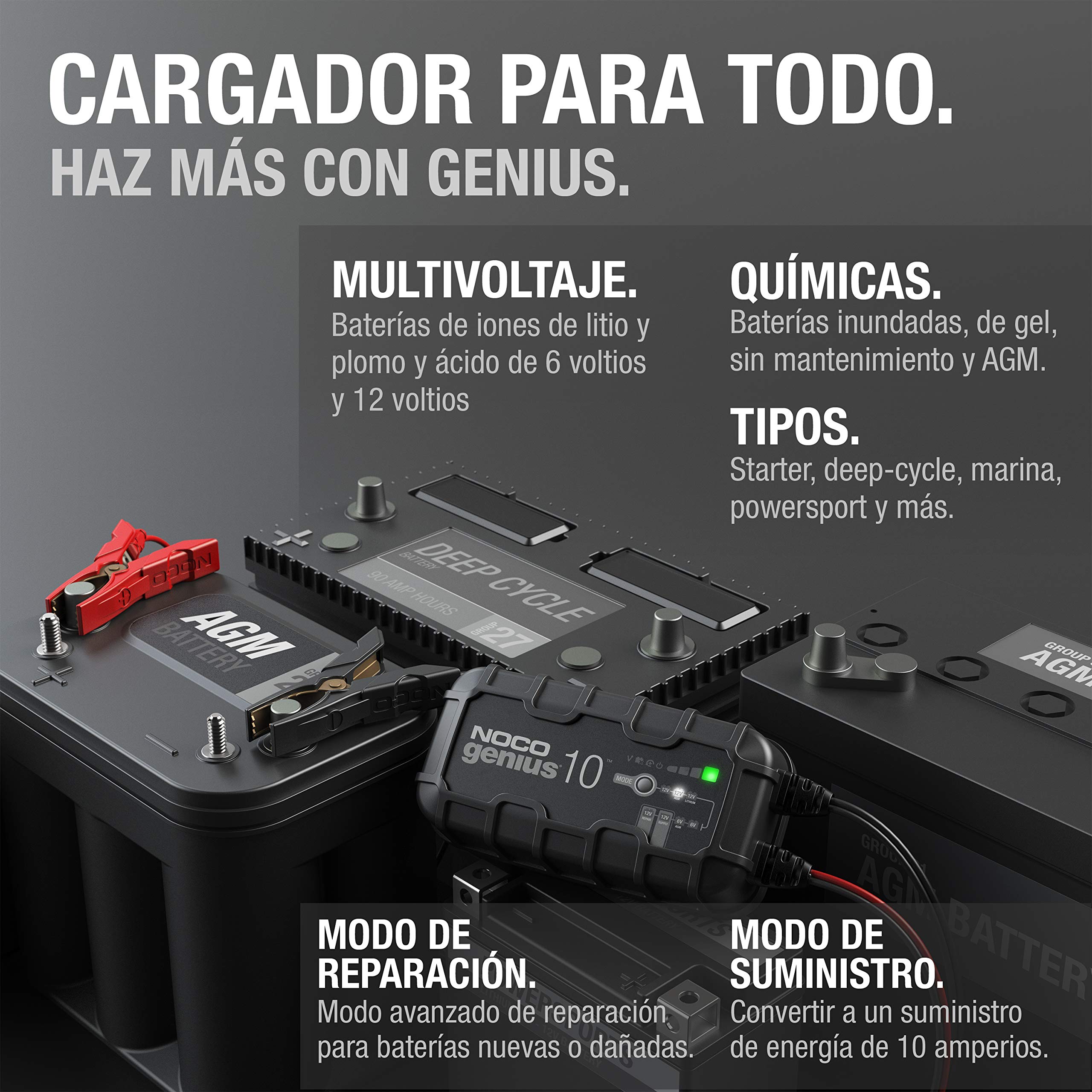 NOCO GENIUS10: Cargador Inteligente de baterías 10A 6V/12V – Mantenedor automático y desulfatador – Protección contra sobrecarga y compensación térmica – para baterías de Plomo y Litio
