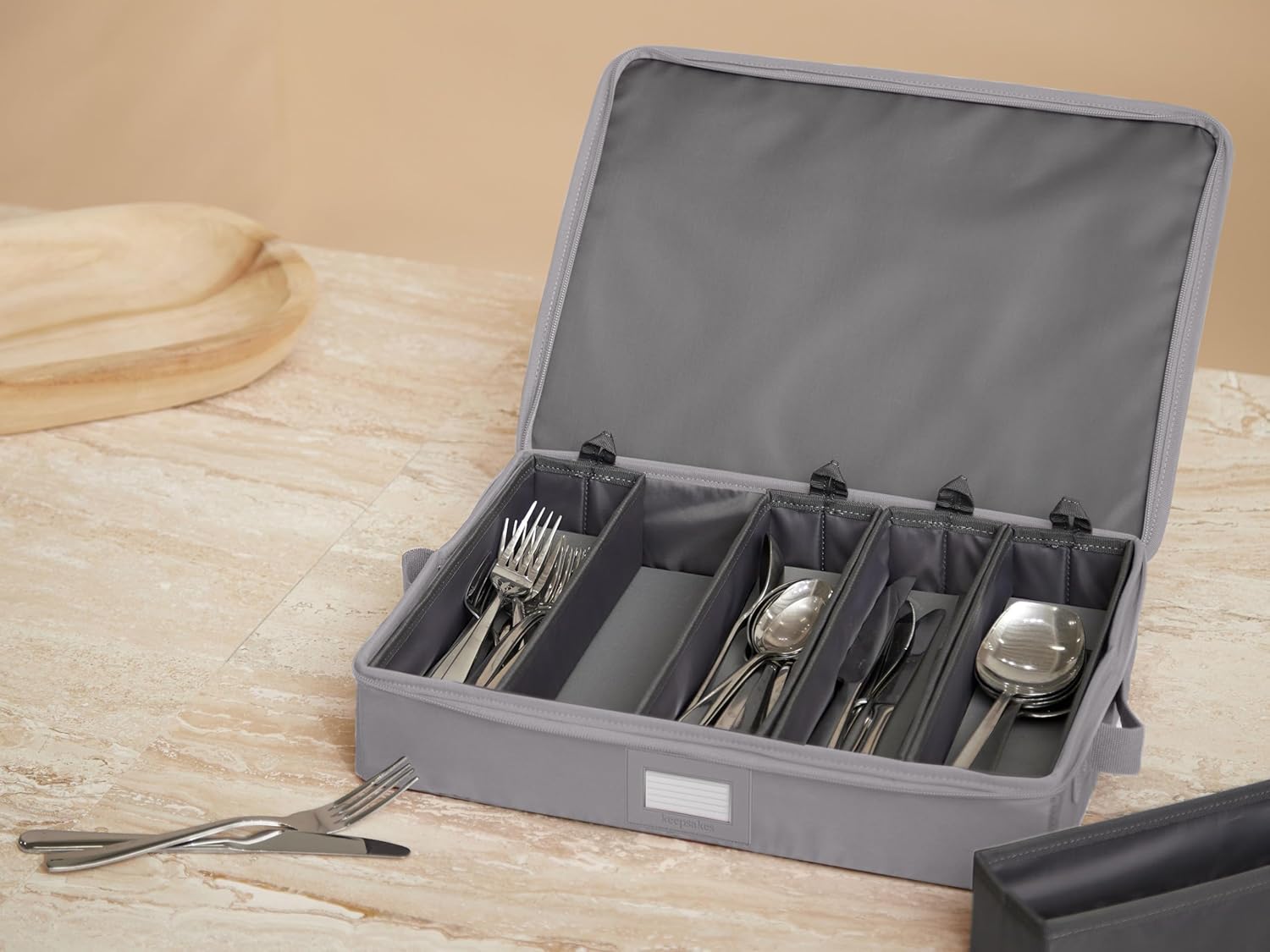 Covermates Flatware Storage Box with Removable Trays, Stackable Silverware Organizer with ID Window, Dual Zipper Closure, Acid-Free Lining, Protective Kitchen Storage Case, 15x11x3, Graphite