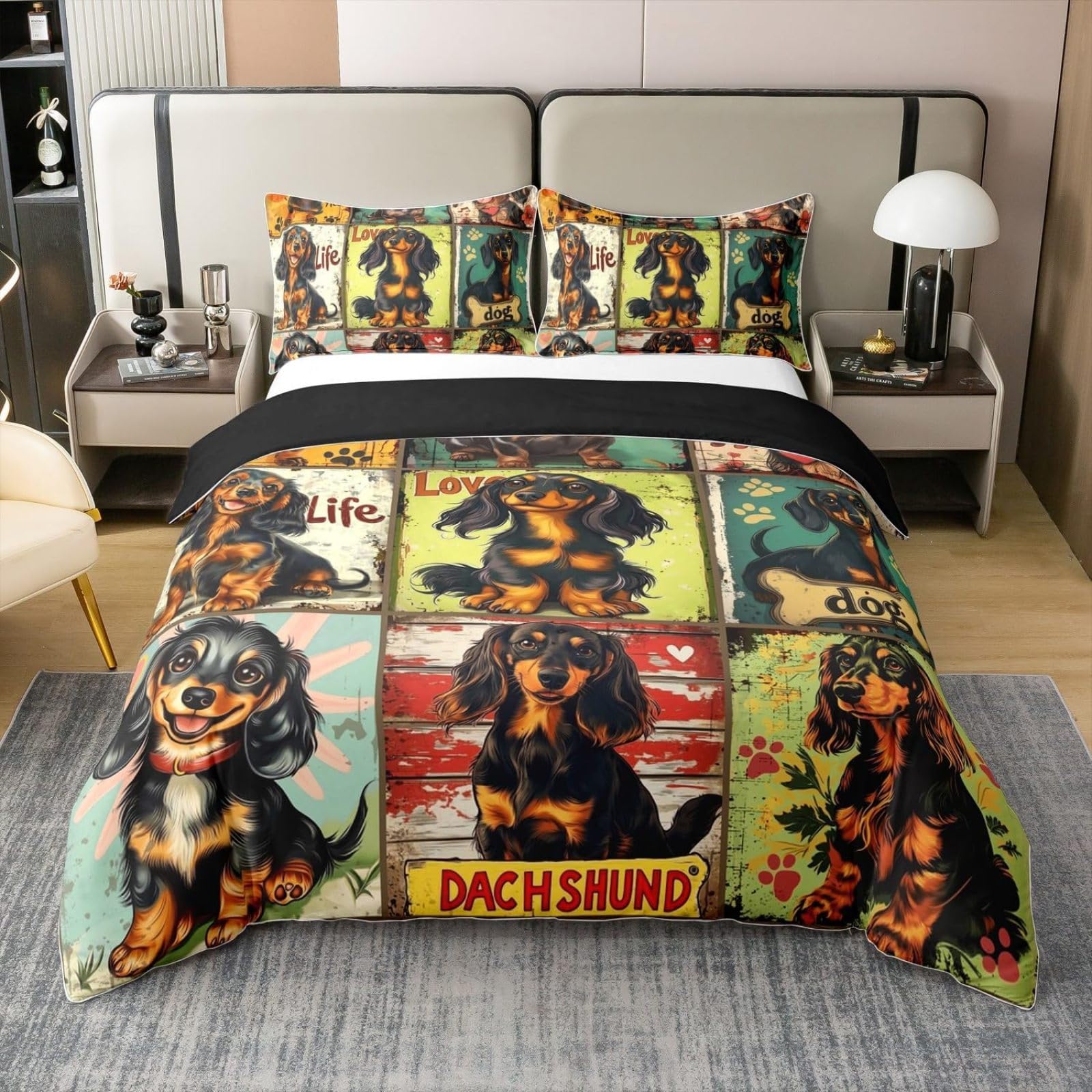 Housse de couette teckel 240x260 cm avec 2 taies d'oreiller pour lit 2 personnes