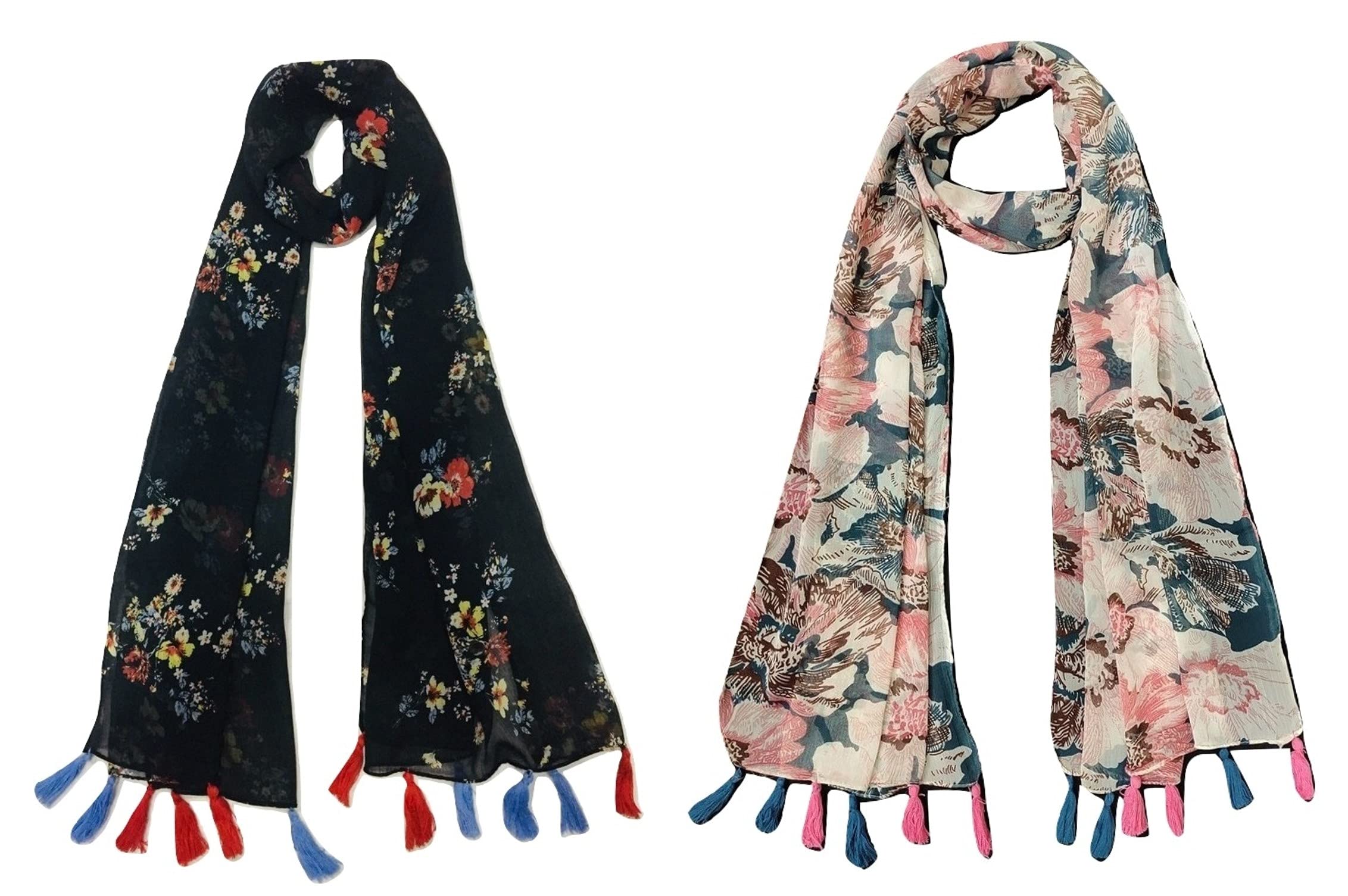 stolevilla ™ Women's Printed Chiffon Multicolored Scarf and Stoles with Tassels - Set of 2 (ST125)-picture-49