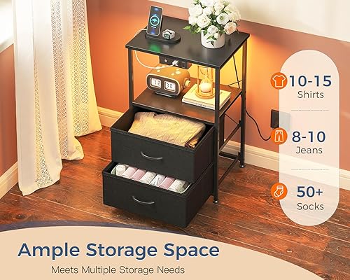 Miniatura 6 de Casaottima Mesita de noche con estación de carga y luces LED, mesa auxiliar para dormitorio con 2 cajones de tela, mesita de noche pequeña con