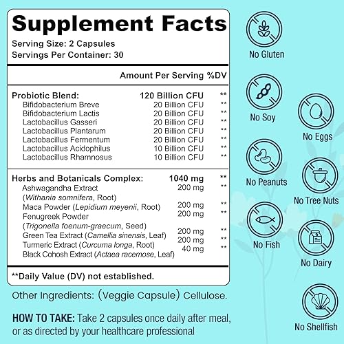 Miniatura 2 de Suplementos para la menopausia para mujeres, 120 mil millones de UFC, probióticos 13 en 1, complejo de probióticos de hierbas, para alivio de la
