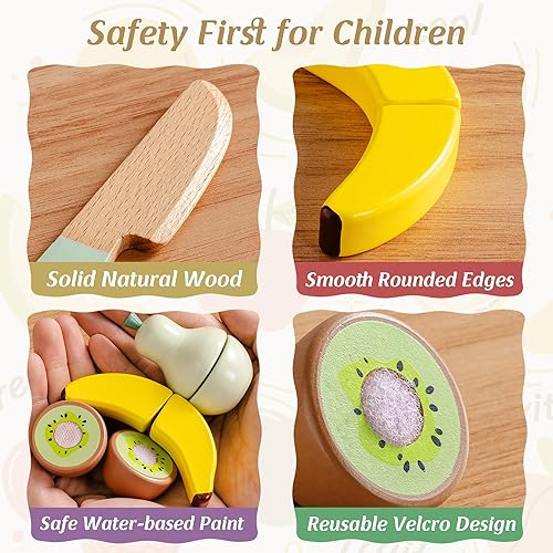 Miniatura 3 de ROBOTIME Juegos de alimentos de madera para cocina de niños, 14 piezas de juguetes de comida de simulación, cesta de picnic con frutas, postres,