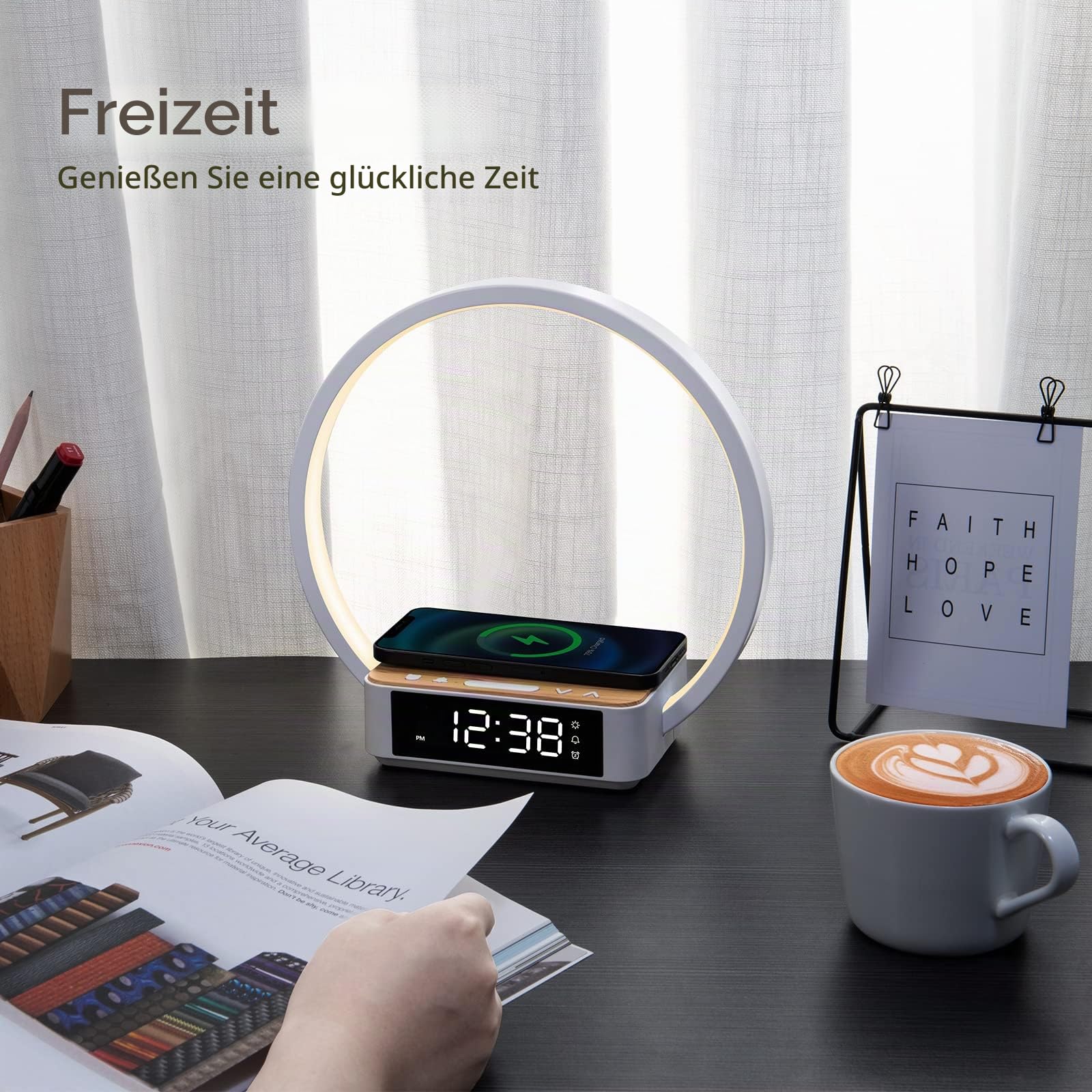 WILIT LED Nachttischlampe mit Kabelloser Ladefunktion, Lichtwecker Tischlampe Touch Dimmbar mit 3 Helligkeitsstufen, Warmes Nachtlicht mit 5W Wireless Charger für Schlafzimmer, Holz&Weiß