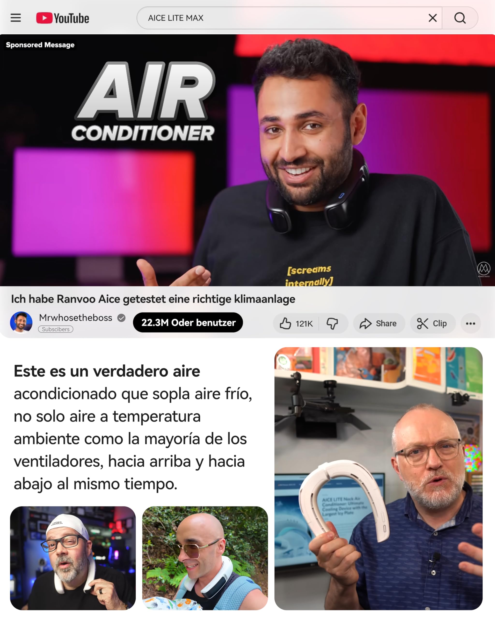 RANVOO AICE LITE MAX 2026 Aire Acondicionado de Cuello con IA, Enfriamiento Real Rápido, Ventilador de Cuello Recargable 6000mAh, Flujo de Aire 720°, Regalo de Verano para Mamá, Blanco Ártico