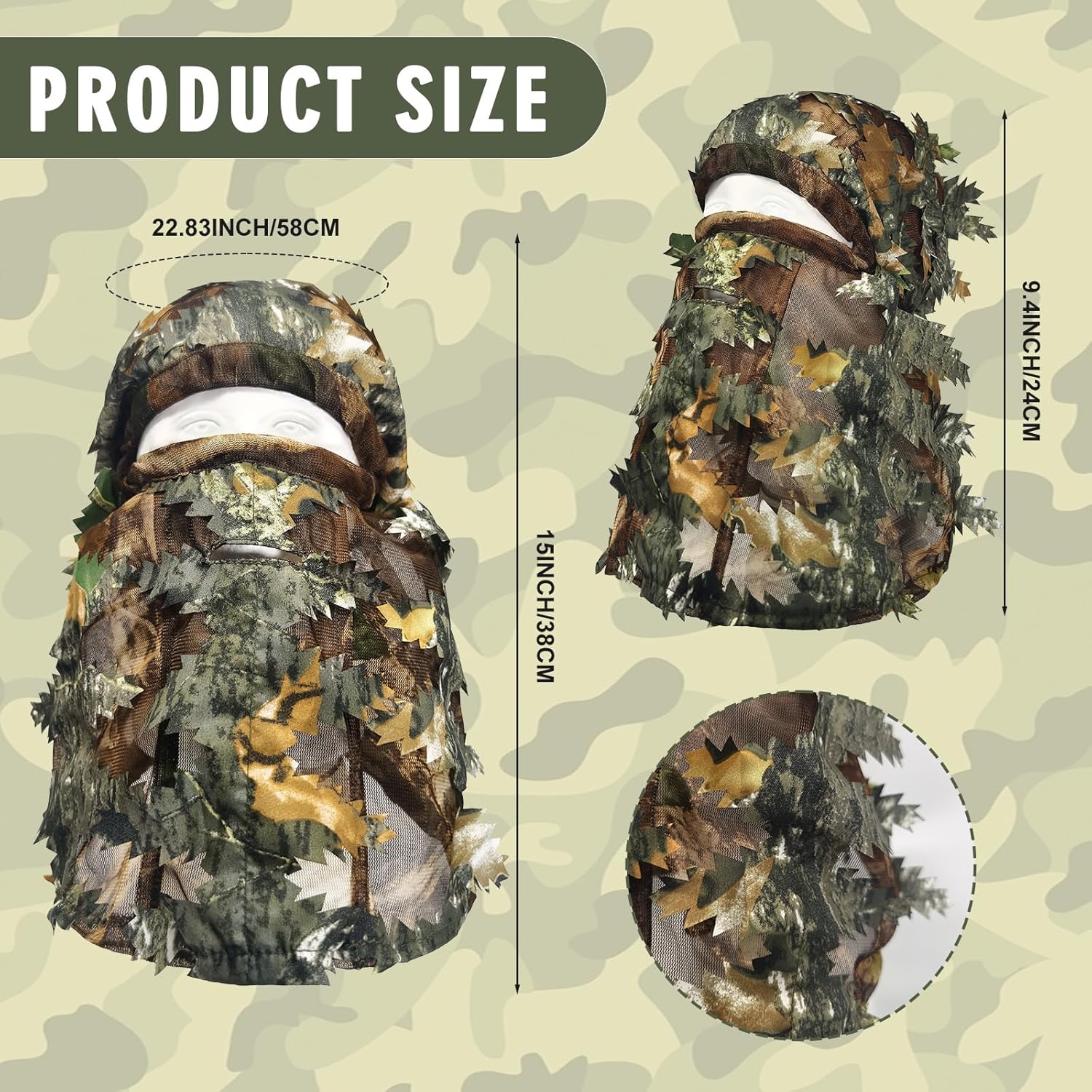 3 Pack 3D Camo Turkey Hunting Face Mask Hunting Head Cover Leafy Hat Ghillie Camouflage Headwear Turkey Hunt Gear Accessories