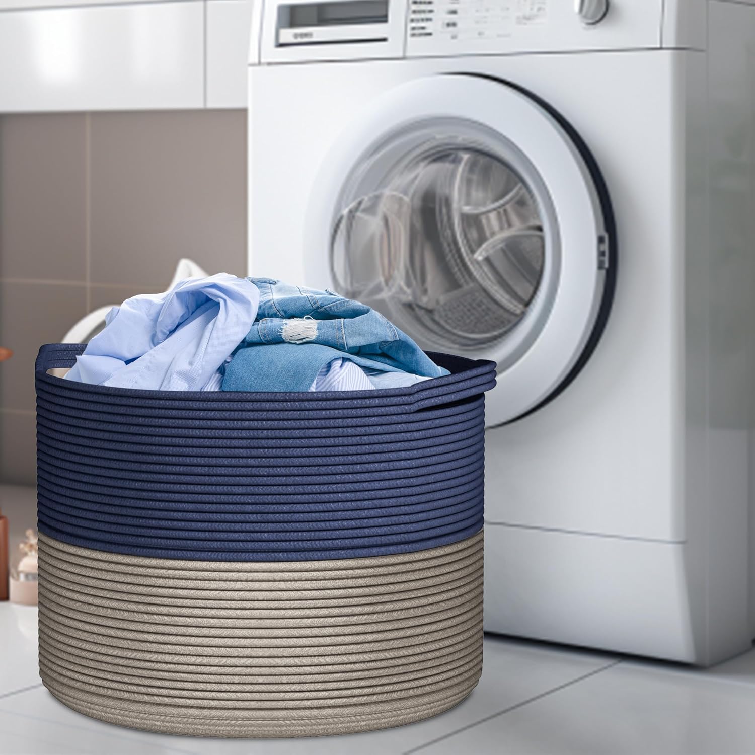 Cotton Rope Storage Bin - Large Woven Blanket Basket 22''x 22''x 14'' with Handle, Laundry & Pillow Basket for Living Room (Navy Blue) - Image 7