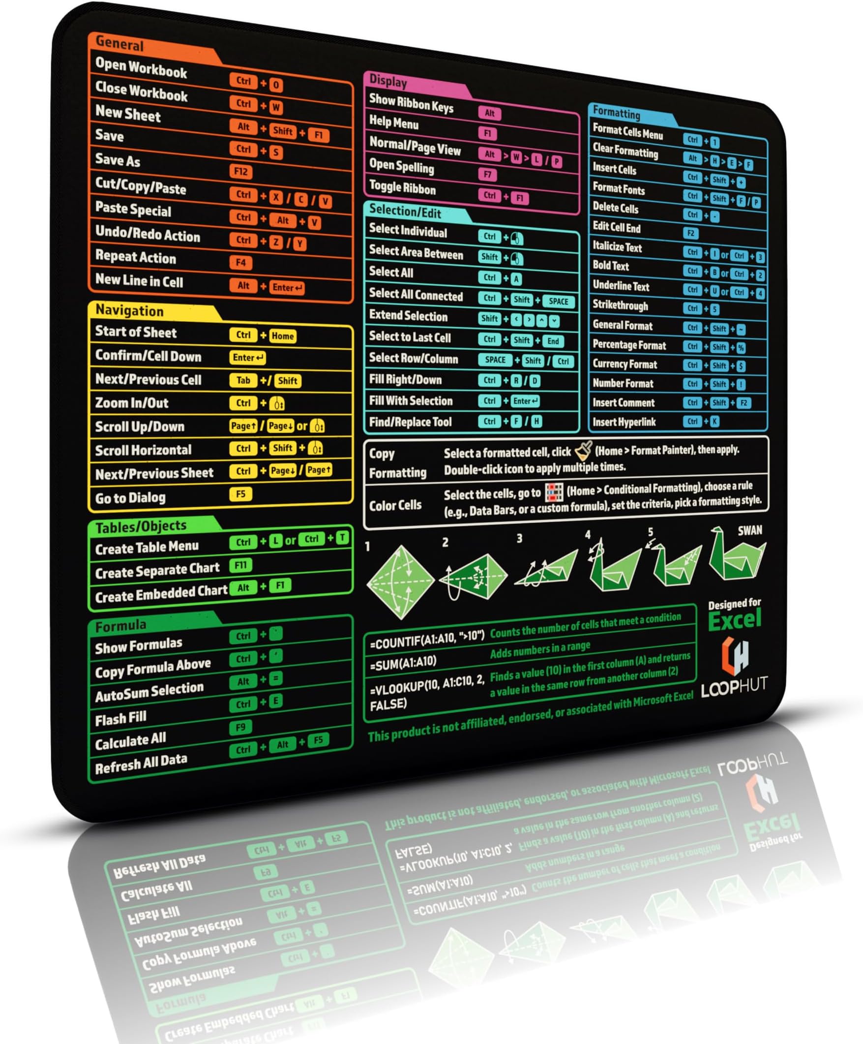 Excel Shortcut Mousepad - for Excel Users - Mouse Mat | 320x270mm M | Non-Slip Rubber Base | Durable Stitched Edge