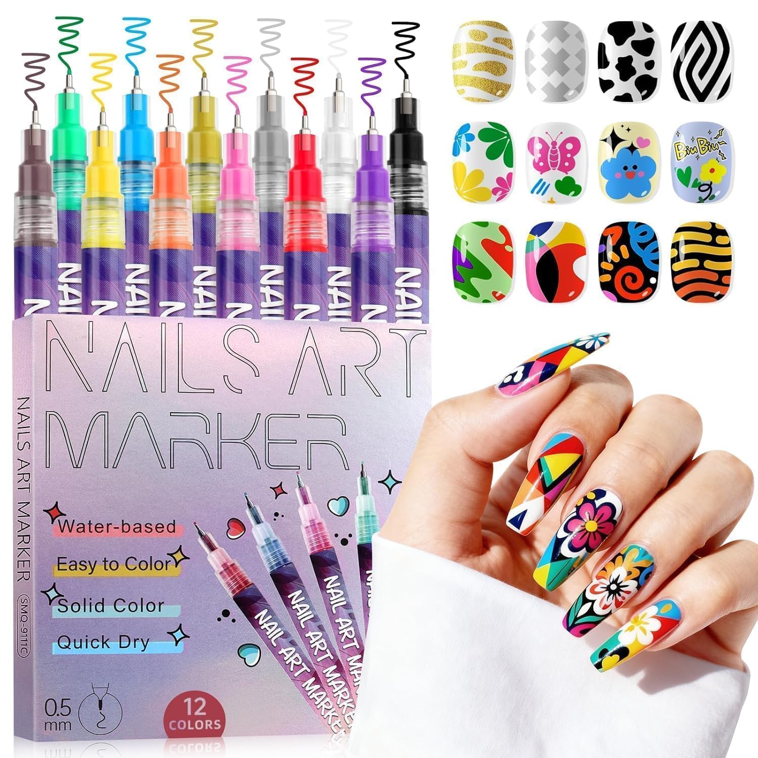 12 Colors nail art Pens Set, Nail Art Markers for Gel Nails, DIY Quick Dry Graffiti Dotting Point Liner Pens, 3D Nail Polish Pens for Painting, Nails Art Drawing Tool (12 Colors - 0.5mm Fine Tip)-image-20