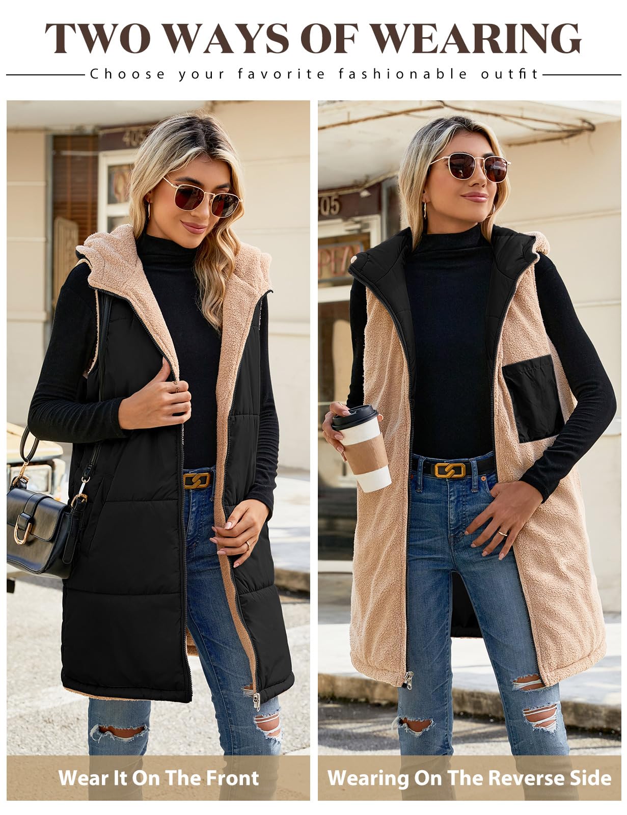 Tuopuda Gilet Donna Lungo in Pile, Smanicato Invernale con Cappuccio, Cappotto Senza Maniche Termico Giubbotto Imbottito Giacca con Cerniera e Tasche