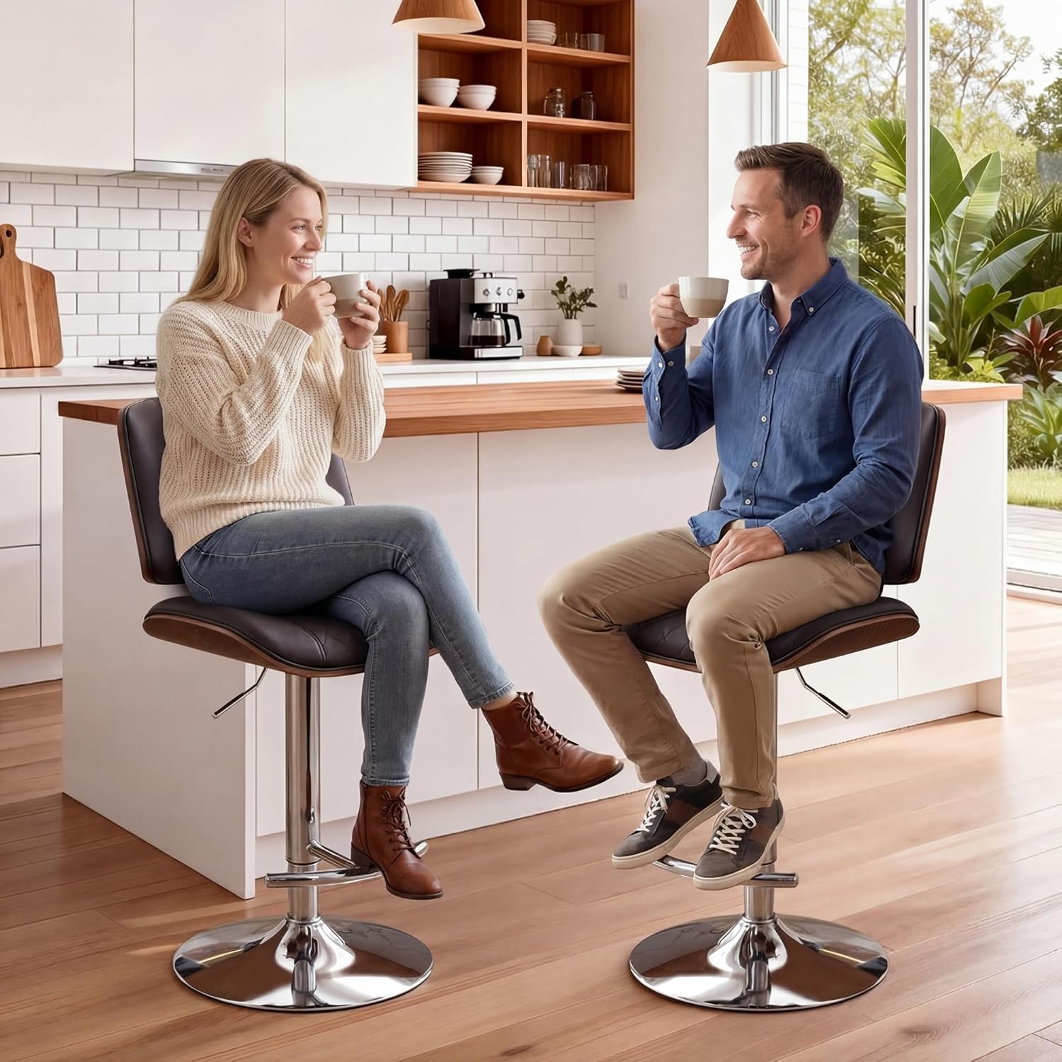 24" Bar Stools, Adjustable Swivel Counter Height Barstools with Bentwood Backs & Footrest, PU Leather Upholstered Bar Chairs for Kitchen Island, Dining Room, Cafe (PU Brown, Set of 3)