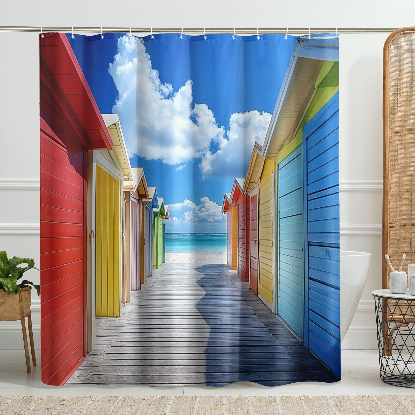 Colorful Beach Hut Shower Curtain, Vibrant Coastal Design for Bathroom Decor, Summer Inspired Waterproof Fabric Shower Curtain Set with Hooks 72x72 Inch