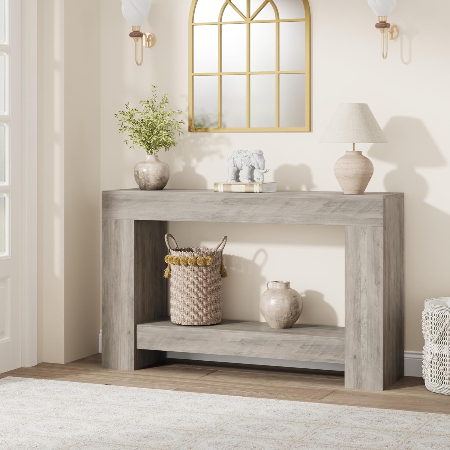 GarveeHome Entryway Console Table, Farmhouse 2-Tier Entryway Table, Long Sofa Accent Table Behind Couch Table with Open Storage for Entrance, Living Room, Hallway, Foyer, Grey, 47"