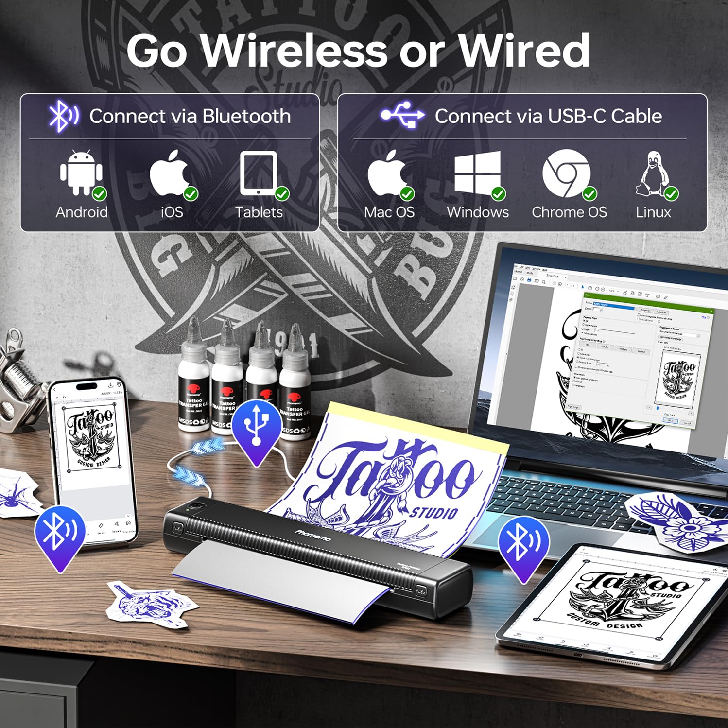 Phomemo Impresora de plantillas de tatuaje actualizada, TP81 impresora de tatuaje Bluetooth con 10 piezas de papel de transferencia, compatible con teléfono/tableta/PC, suministros de tatuaje para
