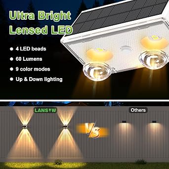 LANSOW Solar Fence Lights 12 Pack, Solar Powered Lights Outdoor Waterproof, 9-Mode Warm/Cool White & RGB Up-Down Led Spot Wall Lights Dusk to Dawn Decor for Backyard, Deck, Patio, Pool, Railing(White)