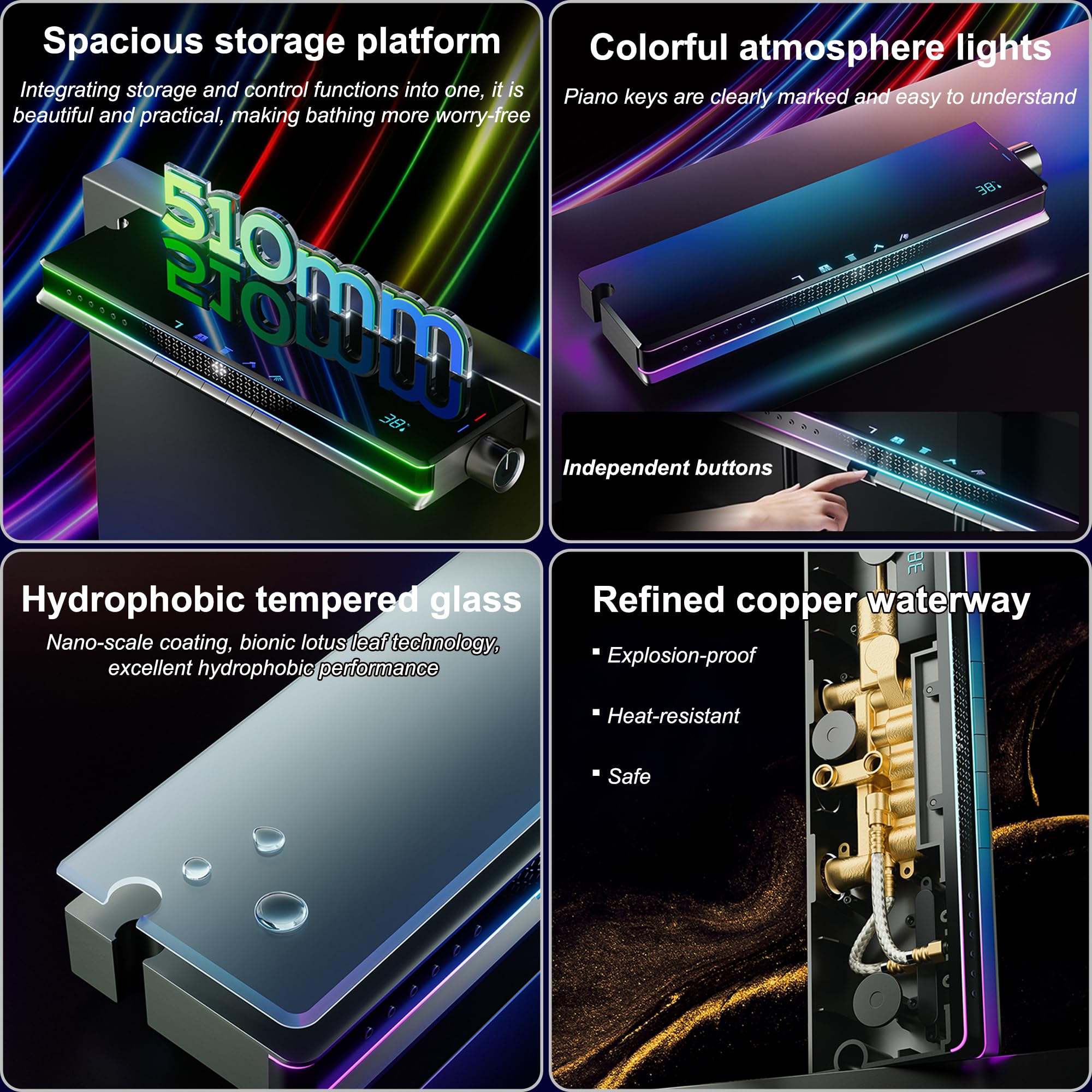 MocArt SFES8 - Sistema doccia futuristico per bagno, 5 funzioni, display digitale della temperatura, soffione doccia multi-angolo, massaggio addominale e schiena, nucleo della valvola in rame