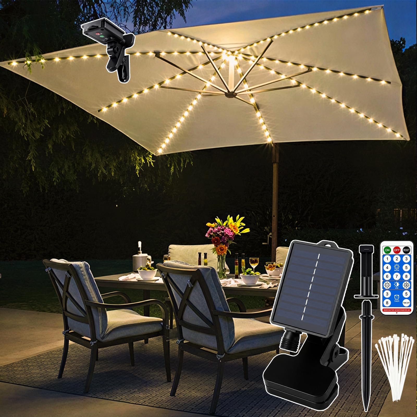Melofo Solar Patio Parasol Lights, Warm White 104 LED Umbrella String Light