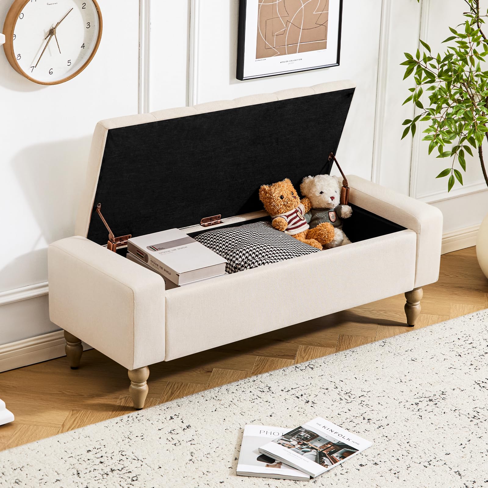 Hellove Banco de Almacenaje con Patas de Madera, 120x45x43 cm, Puff Tapizado con Botones en Tela de Lino, Sin Brazos, Banc Coffre para Salón, Dormitorio o Pie de Cama, Pasillo, de Carga 150 KG Beige