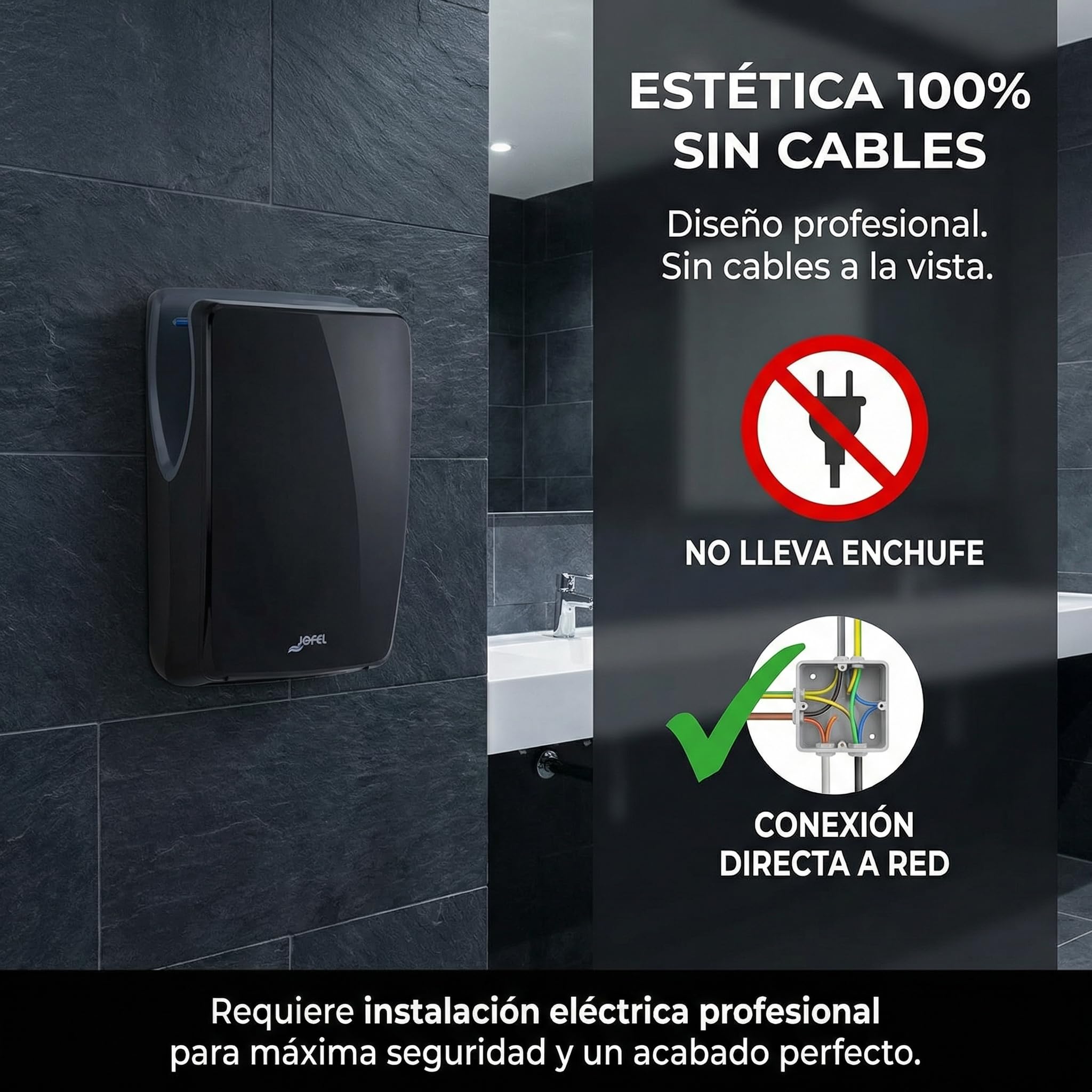 Secador de Manos Comercial Jofel Jet Smart de Alta Velocidad, Cortina de Aire Automática (540 Km/h, 1500W), Montaje en Pared con Filtro HEPA, Carcasa ABS Antibacteriana, Hecho en la UE, Negro Mate