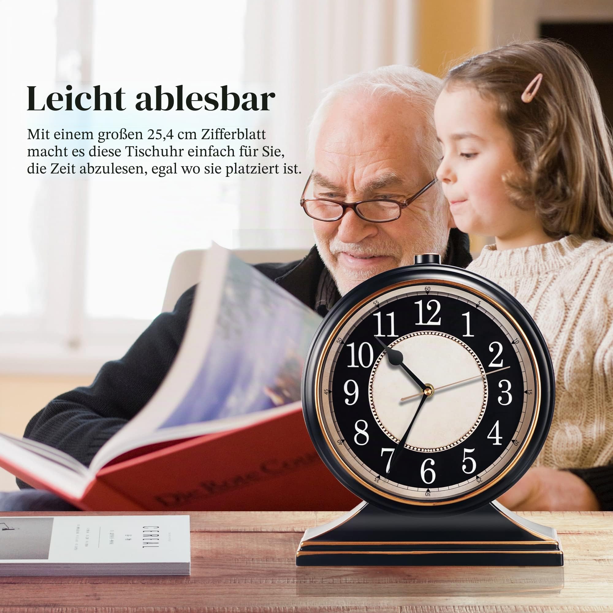 AYRELY® Vintage Tischuhr – Lautlos ohne Ticken, 10-Zoll-Zifferblatt, Retro-Kaminuhr für Wohnzimmer, Schlafzimmer, Regal, Kamin & Landhausstil, gut lesbar