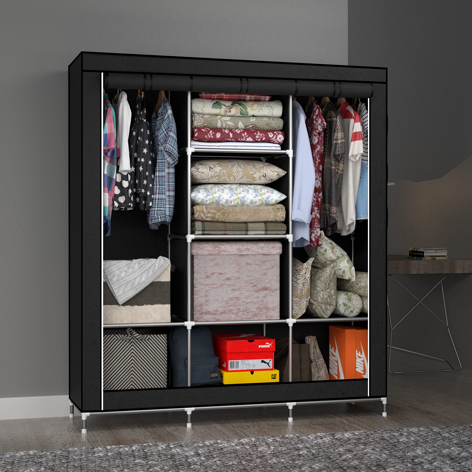 INTIRILIFE Faltschrank 130x175x45 cm in Raben SCHWARZ - mit Reißverschluss Stoffschrank Kleiderschrank mit Kleiderstange, Fächern und Seitentasche - Camping Steckschrank Textil Garderobe