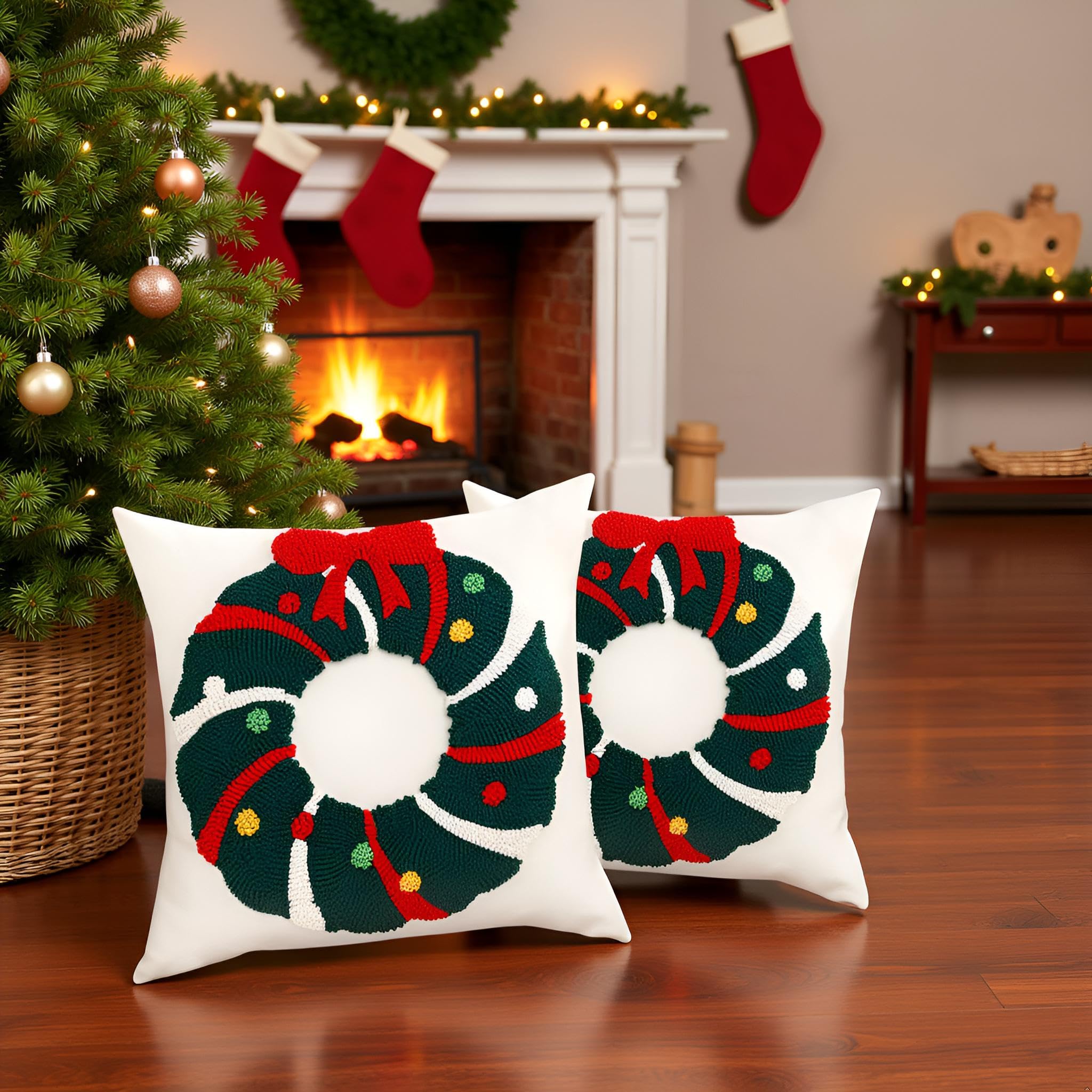 Tosleo Set di 2 federe natalizie con ghirlanda natalizia con fiocco, 45,7 x 45,7 cm, decorazioni natalizie a ciambella, in cotone, per divano, letto
