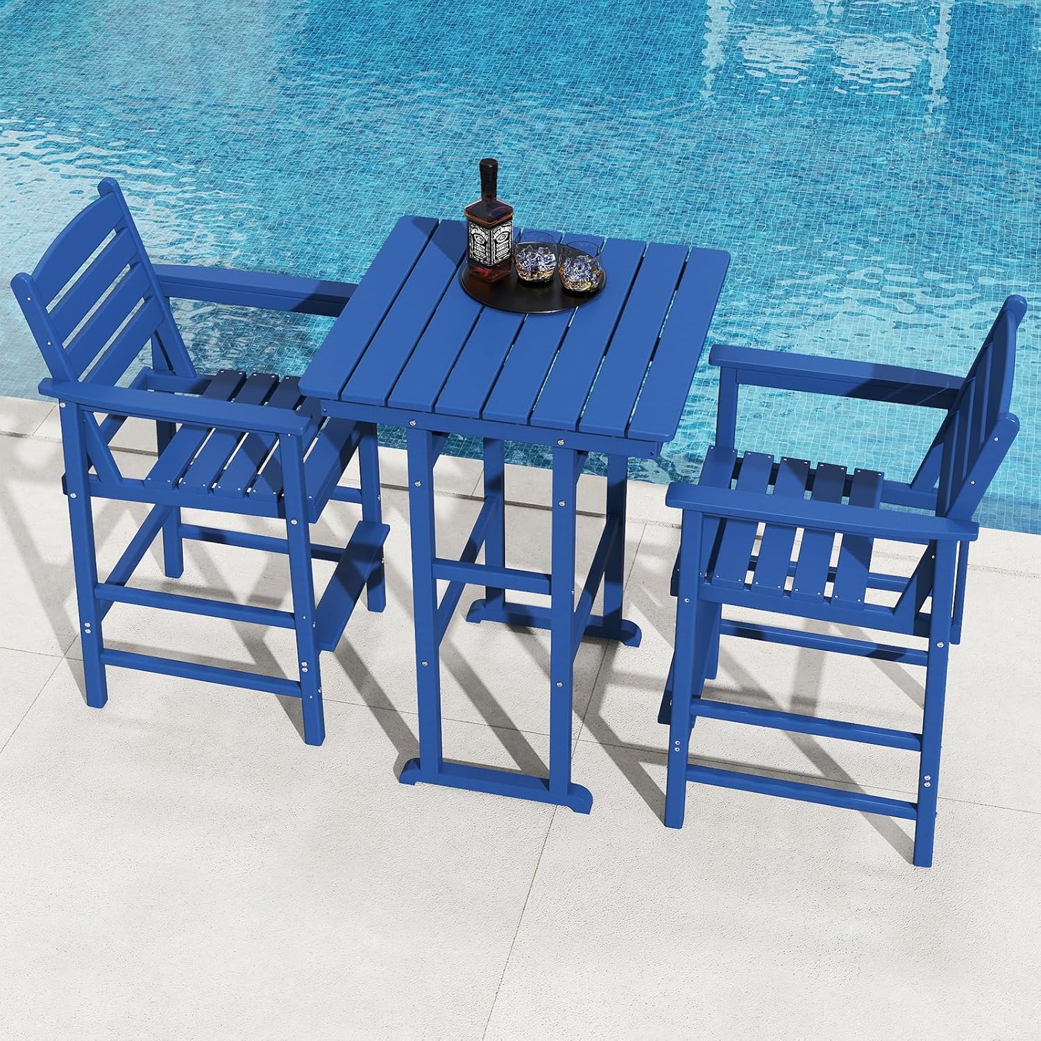 NAVINE 3-Piece Adirondack Bar Table and Chair Set, HDPE All-Weather Bar Height Chairs Set of 2 with Bar Table, Outdoor High Top Patio Bar Set for Bistro, Balcony, Patio, Poolside, Navy Blue
